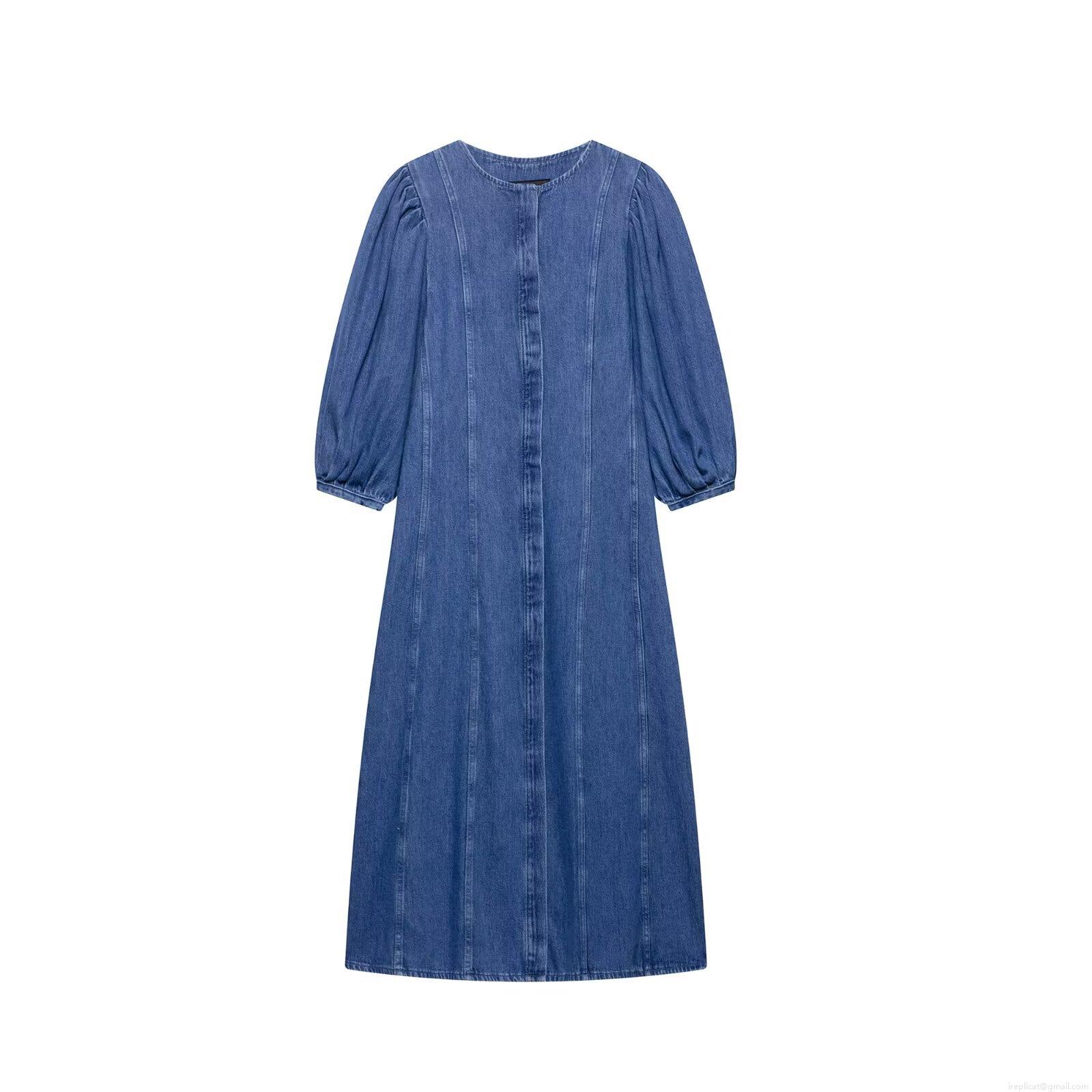 Women's Denim Midi Dress Round Neck Puff Sleeve A-Line Long Dress Elegant Casual Blue Polyester Denim Solid Color Retro Style Party Outfit For Ladies Women's Denim Midi Dress Round Neck Puff Sleeve A-Line Long Dress Elegant Casual Blue Polyester Denim Solid Color Retro Style Party Outfit For Ladies