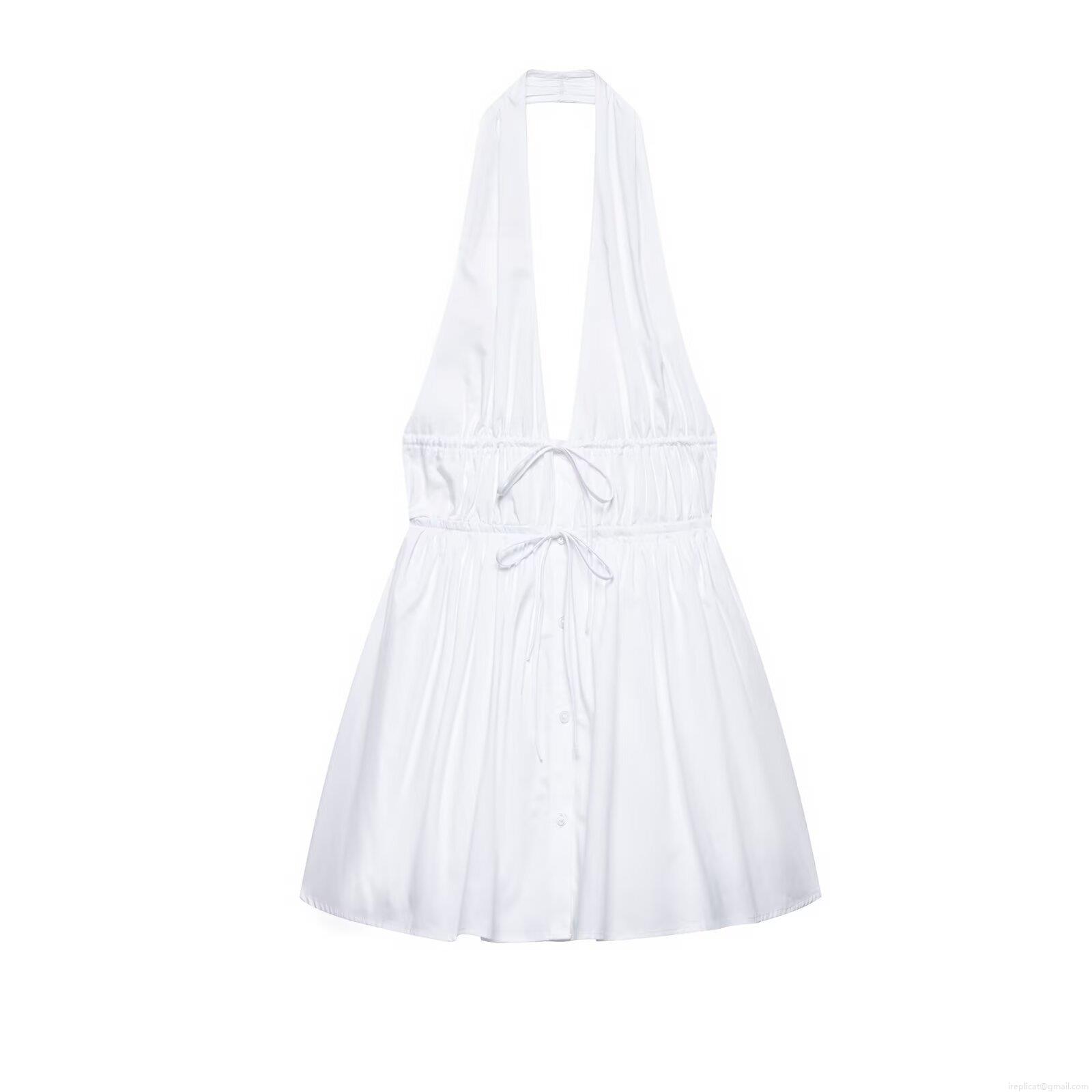 Women's Elegant White Halter Neck Deep V Midi Dress Sexy Drawstring Ruched Waist Backless Single Breasted Solid Color Party Vacation Clubwear Women's Elegant White Halter Neck Deep V Midi Dress Sexy Drawstring Ruched Waist Backless Single Breasted Solid Color Party Vacation Clubwear