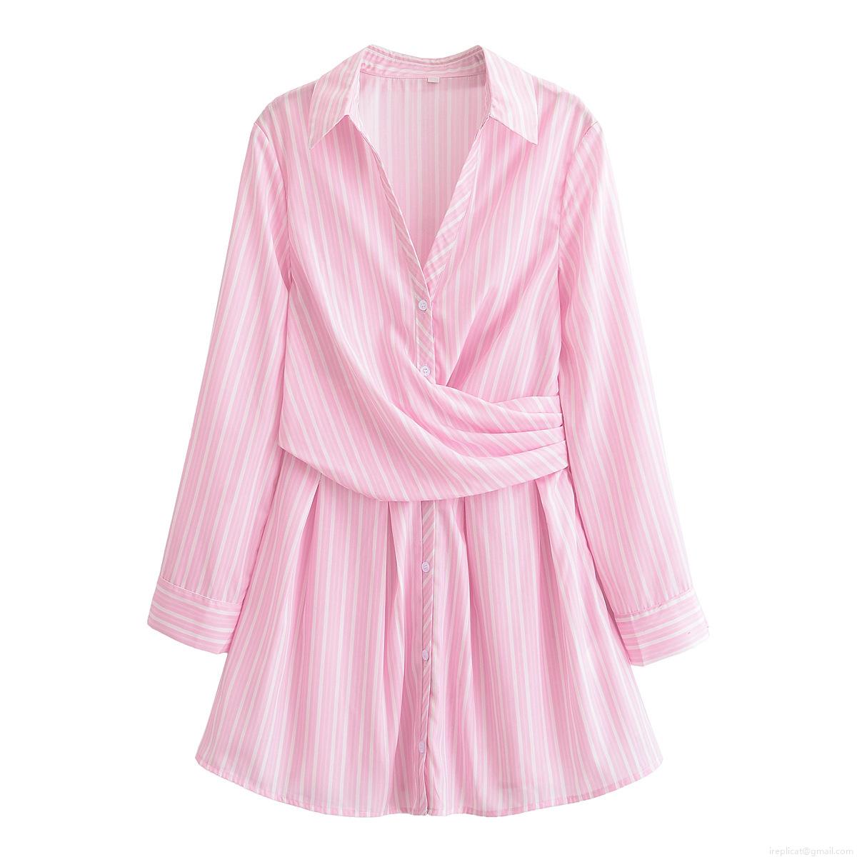 Women's Striped V-Neck Long Sleeve Midi Dress Elegant Polyester Pink White Stripe Shirt Dress With Waist Twist Knot Detail For Casual Office Party Fashion Women's Striped V-Neck Long Sleeve Midi Dress Elegant Polyester Pink White Stripe Shirt Dress With Waist Twist Knot Detail For Casual Office Party Fashion