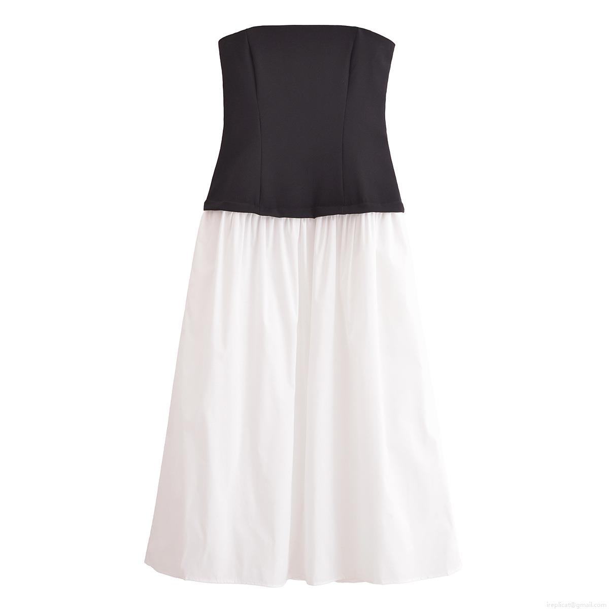 Women's Elegant Strapless Midi Dress Color Block Patchwork Off-the-Shoulder Pleated Party Evening Dress Polyester High Waist Sophisticated Gown