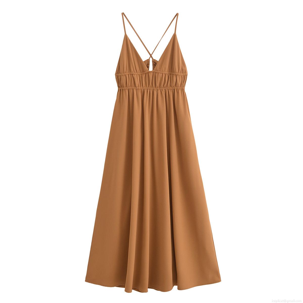 Women's Sexy V-Neck Cami Dress Backless Crossover Straps Ruched Waist 100% Polyester Midi Dress For Summer Party Evening Streetwear Elegant Socialite Women's Sexy V-Neck Cami Dress Backless Crossover Straps Ruched Waist 100% Polyester Midi Dress For Summer Party Evening Streetwear Elegant Socialite