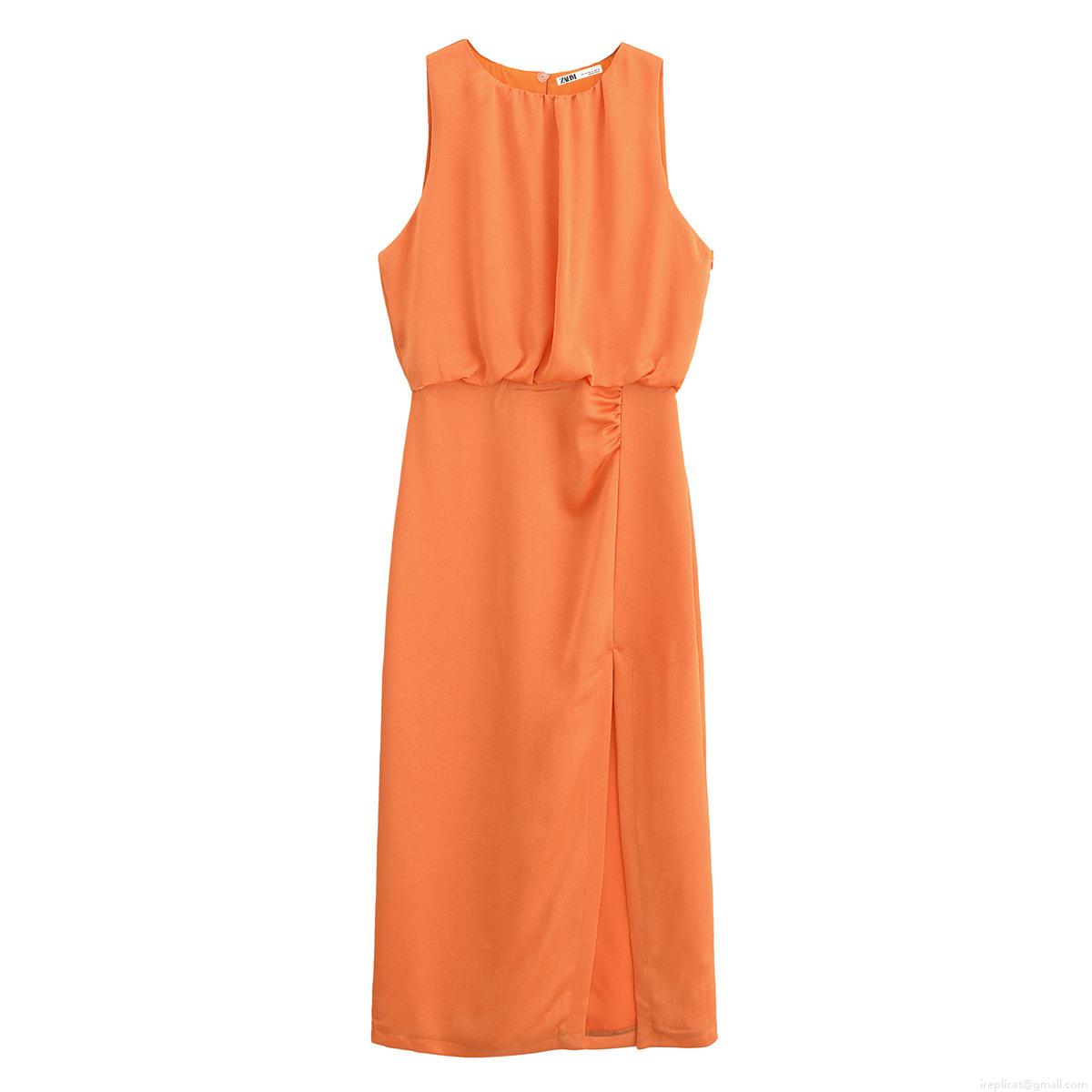 Elegant Women Sleeveless Pleated Satin Midi Dress Solid Orange Side Slit Crew Neck Chic Party Evening Cocktail Dresses For Lady Summer Wear Elegant Women Sleeveless Pleated Satin Midi Dress Solid Orange Side Slit Crew Neck Chic Party Evening Cocktail Dresses For Lady Summer Wear