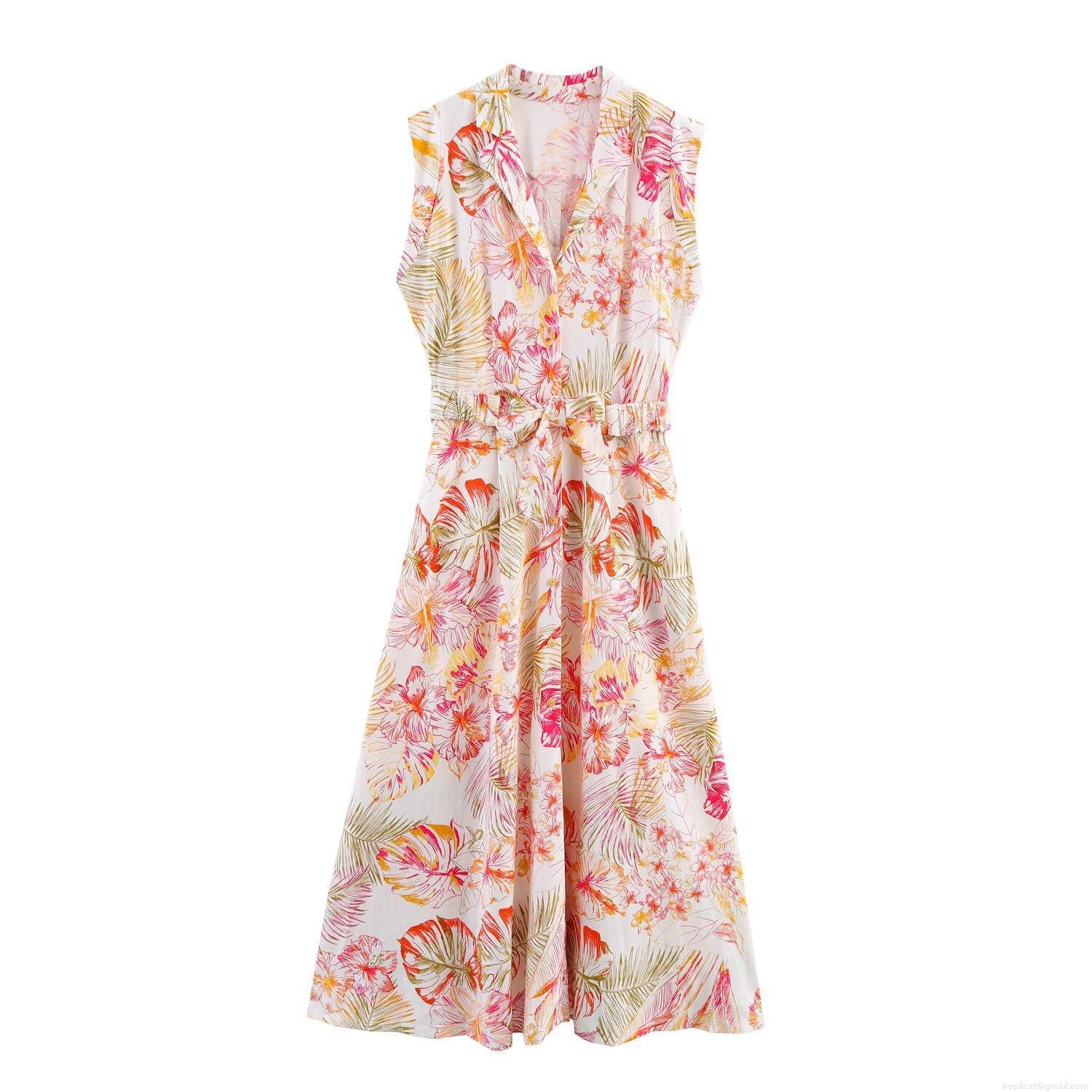 Women's Tropical Floral Print Linen Blend Midi Dress Sleeveless V-Neck Button Down A-Line Long Dress With Belt For Summer Vacation Elegant Sundress Women's Tropical Floral Print Linen Blend Midi Dress Sleeveless V-Neck Button Down A-Line Long Dress With Belt For Summer Vacation Elegant Sundress