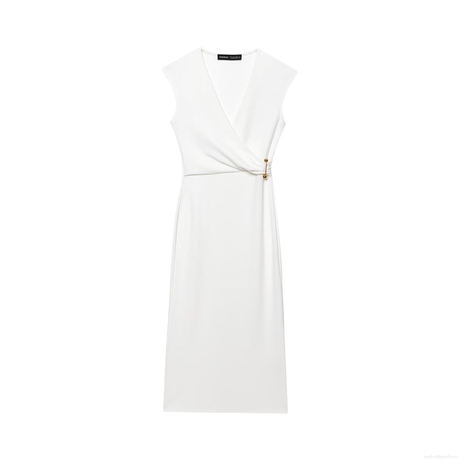 Women Elegant Sleeveless V-Neck Midi Dress With Gold Metal Pin Decoration Solid White Slim Fit Straight Sheath Dress For Summer Party Office Lady Women Elegant Sleeveless V-Neck Midi Dress With Gold Metal Pin Decoration Solid White Slim Fit Straight Sheath Dress For Summer Party Office Lady