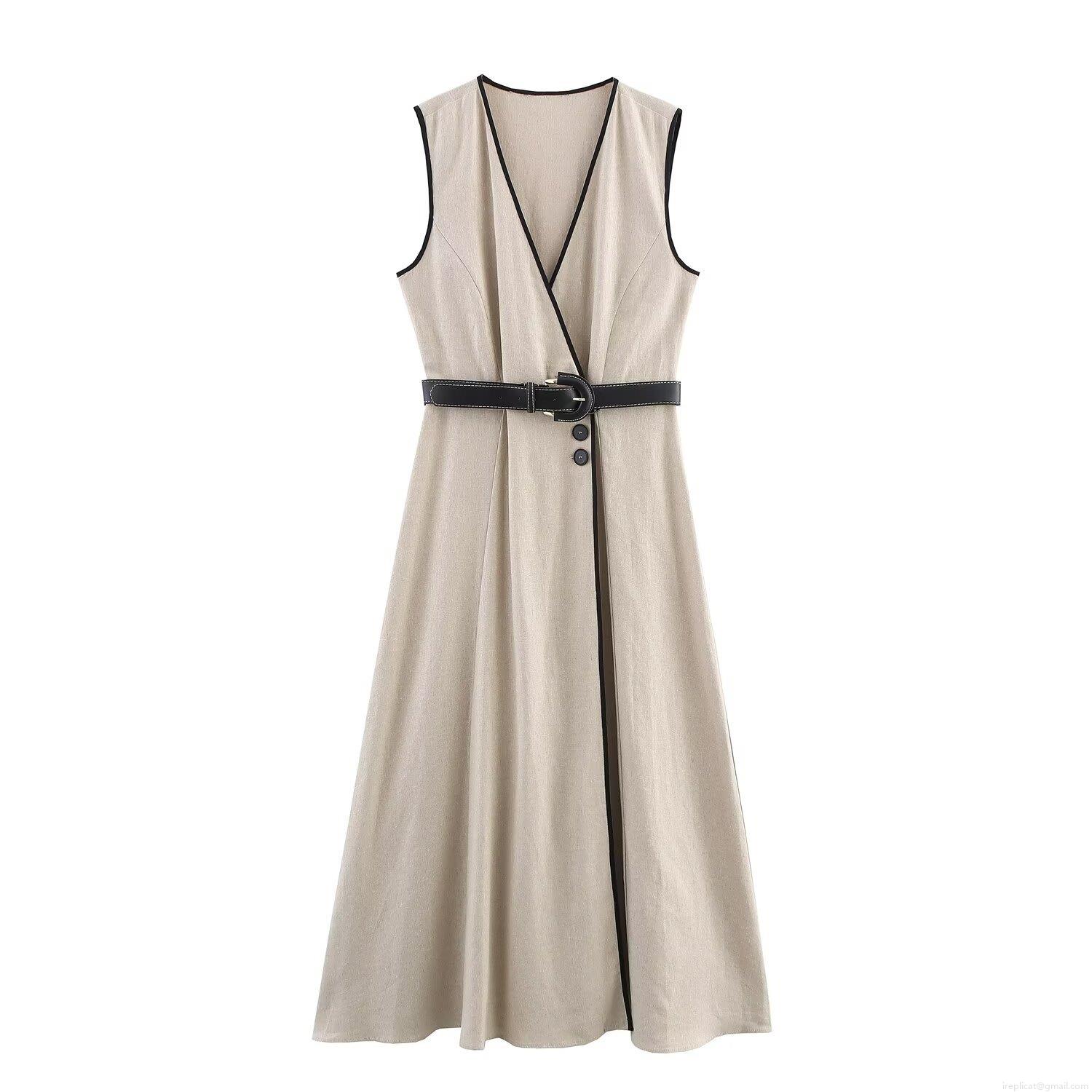 Elegant Women's V-Neck Sleeveless Linen Blend Midi Dress With Belt Contrast Piping Single-Breasted A-Line Summer Office Career Long Dress Elegant Women's V-Neck Sleeveless Linen Blend Midi Dress With Belt Contrast Piping Single-Breasted A-Line Summer Office Career Long Dress