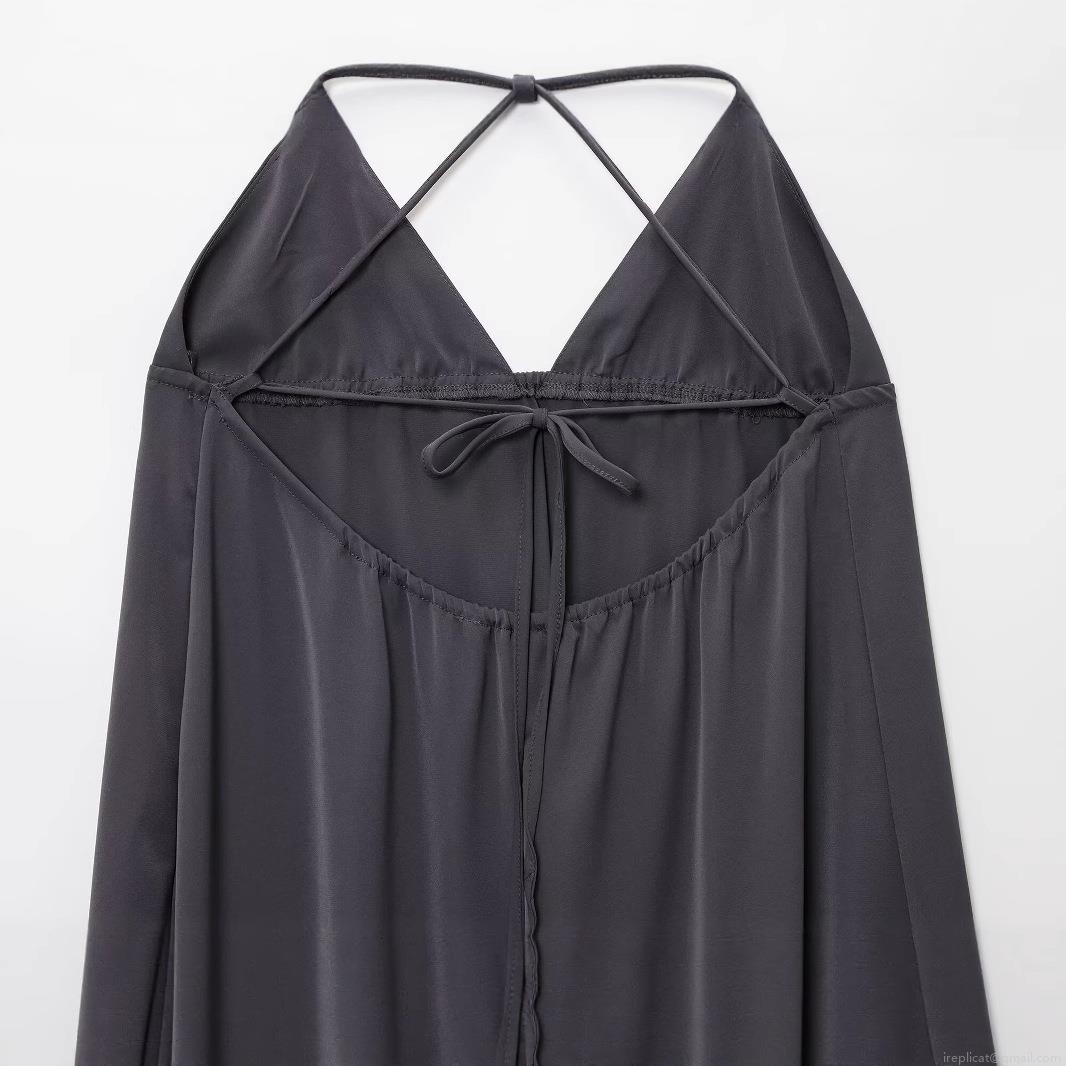 Women Sexy Backless Cowl Neck Midi Slip Dress Polyester Blended Solid Color Elegant Cross Back Evening Party Dress