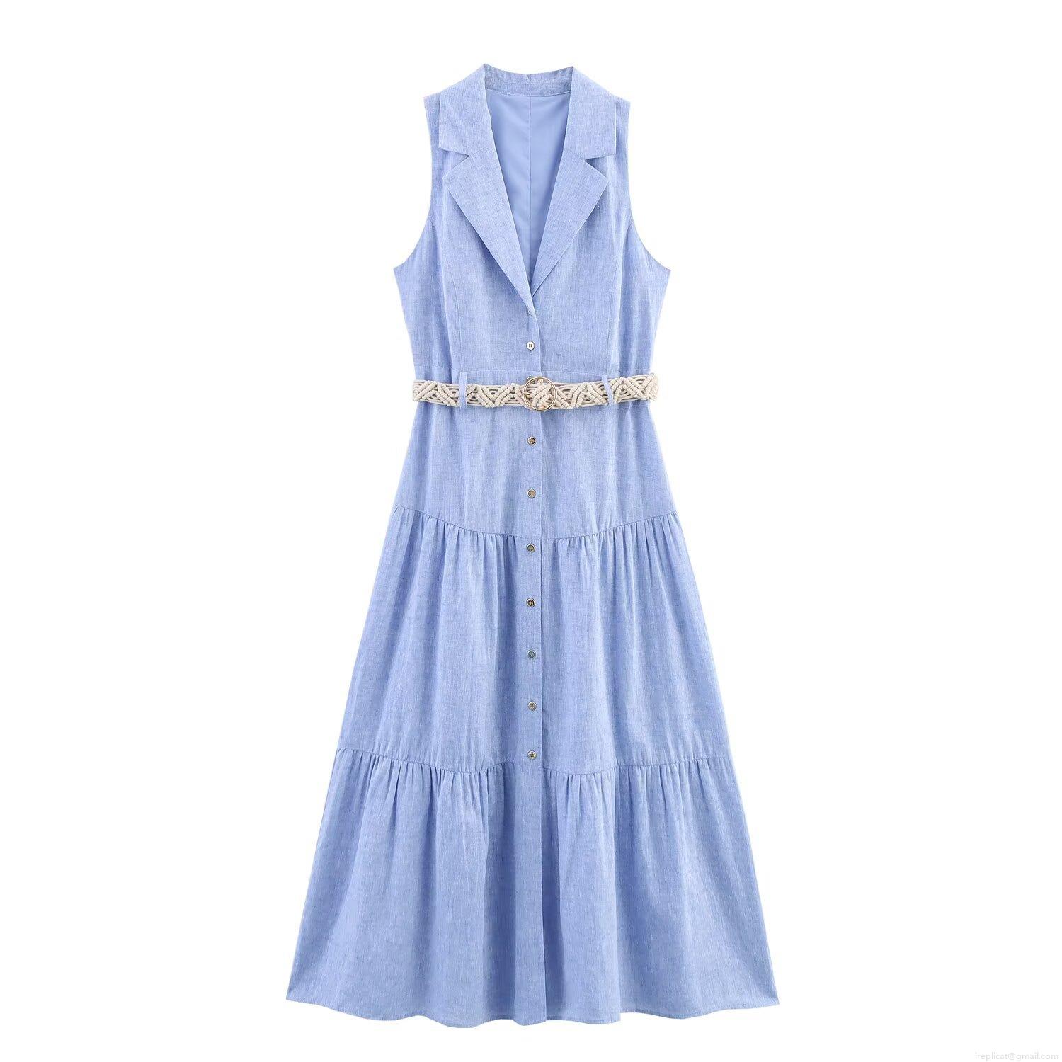 Women's Elegant Sleeveless Linen Blend Midi Dress With Braided Belt V Neck Single Breasted Tiered Summer Maxi Dress For Casual Party Women's Elegant Sleeveless Linen Blend Midi Dress With Braided Belt V Neck Single Breasted Tiered Summer Maxi Dress For Casual Party