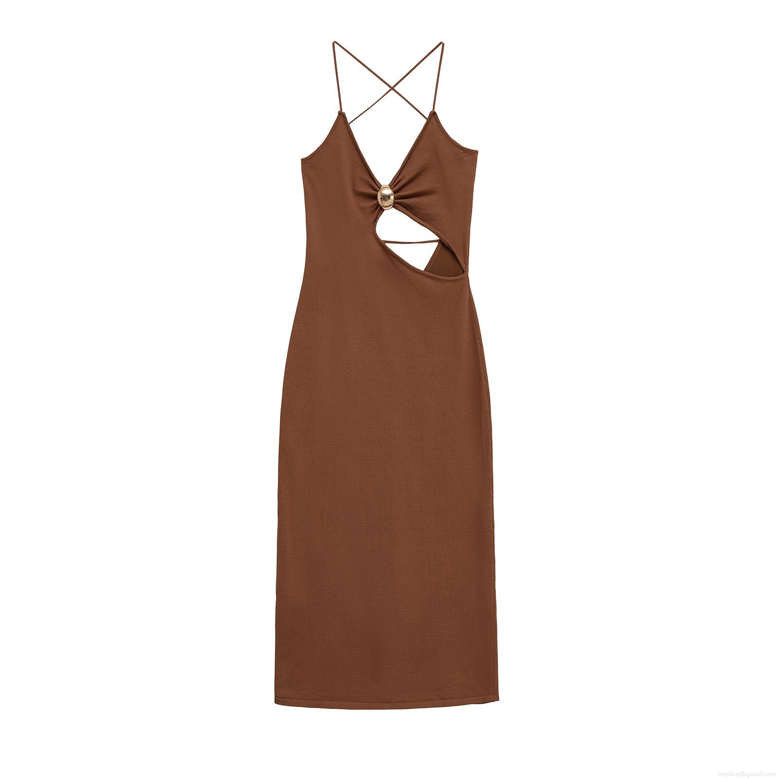 Women's Sexy Hollow Out Knit Dress Elegant V Neck Sleeveless Midi Dress With Gold Metal Buckle Detail Criss-Cross Back For Party Evening Vacation Women's Sexy Hollow Out Knit Dress Elegant V Neck Sleeveless Midi Dress With Gold Metal Buckle Detail Criss-Cross Back For Party Evening Vacation