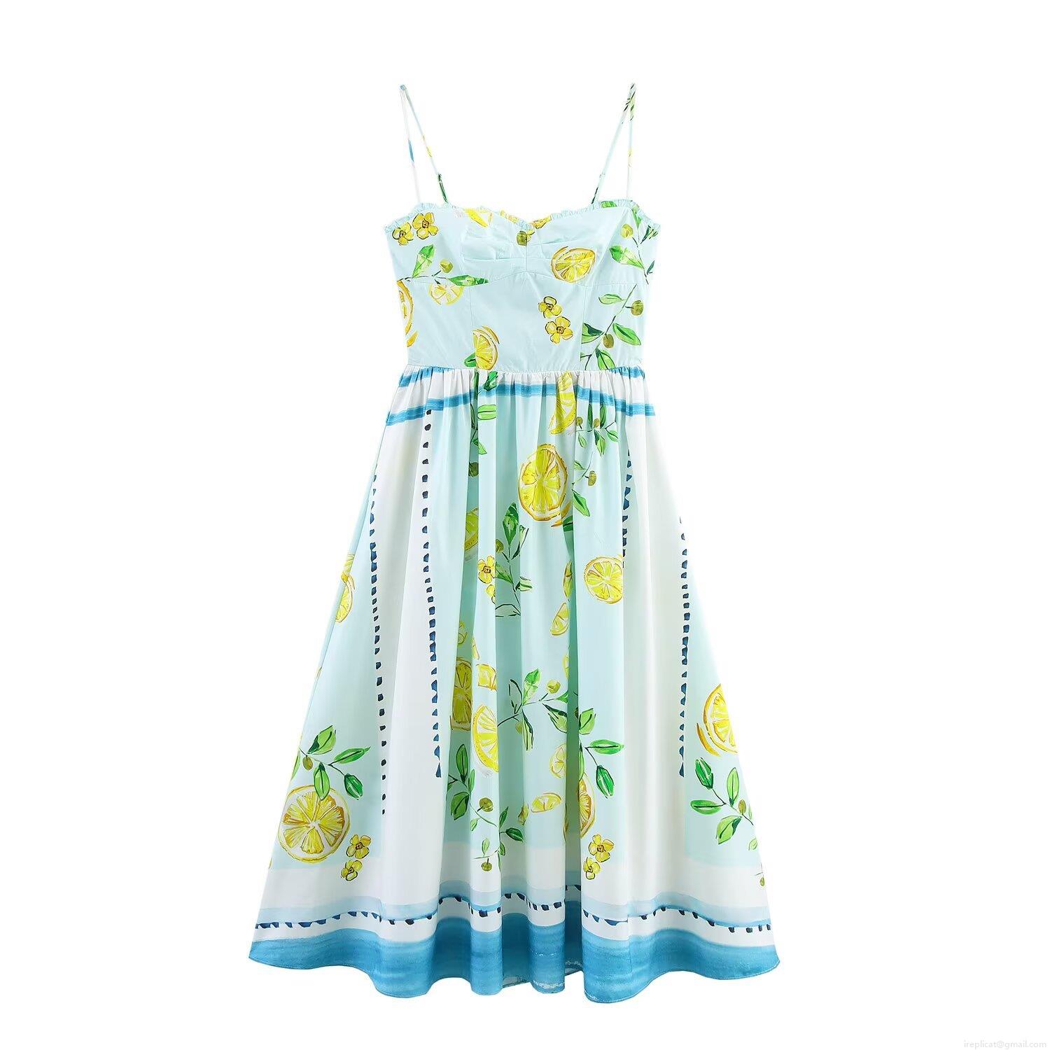 Women Summer Lemon Print Dress Spaghetti Strap Back Bow Tie A-Line High Waist Swing Midi Dress For Vacation Holiday Party Elegant Lady Beachwear Women Summer Lemon Print Dress Spaghetti Strap Back Bow Tie A-Line High Waist Swing Midi Dress For Vacation Holiday Party Elegant Lady Beachwear