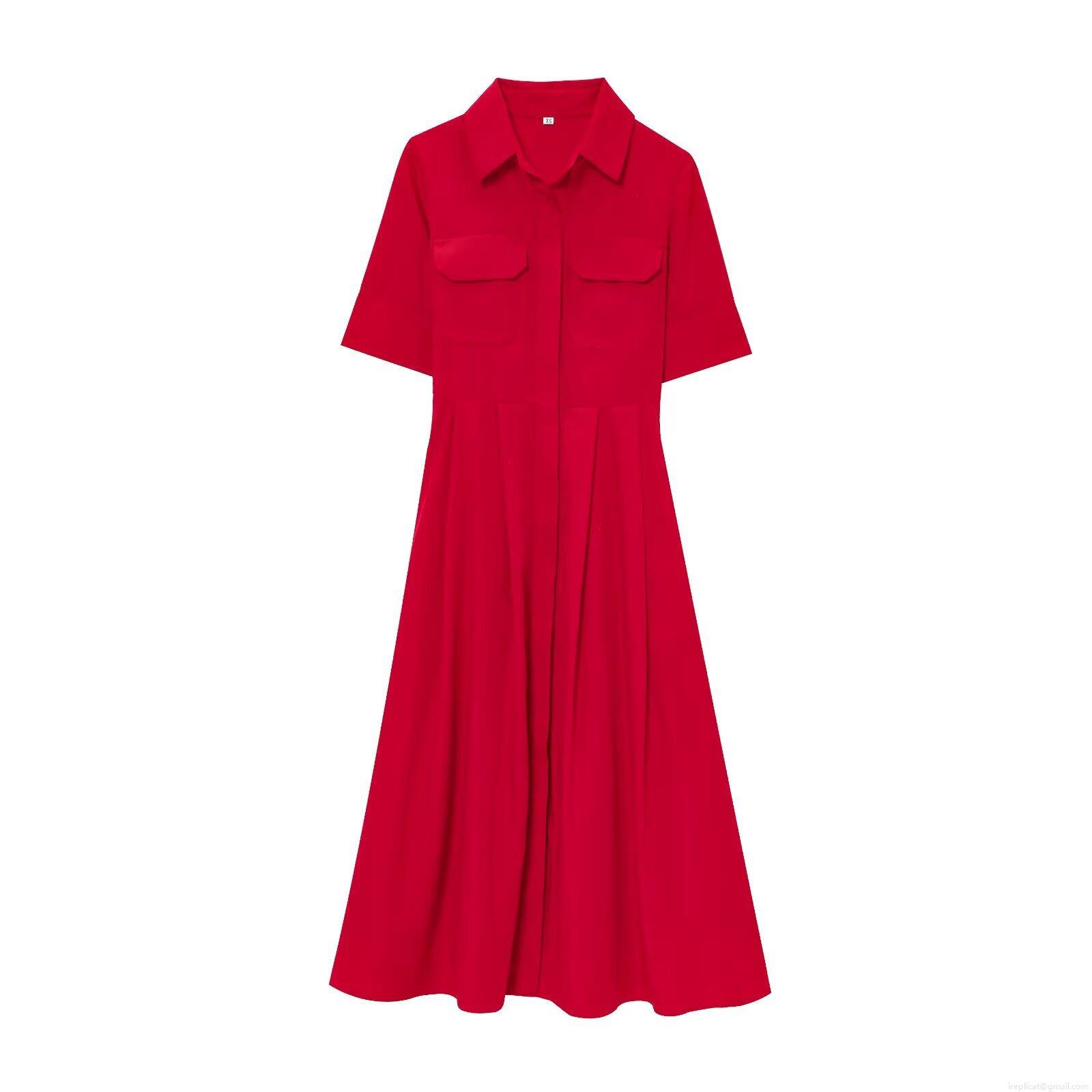 Women's Elegant Solid Red Poplin Shirt Dress Short Sleeve Lapel Collar Double Pockets High Waist Tie Pleated Big Swing A-Line Midi Dress For Office Lady Party Wear Women's Elegant Solid Red Poplin Shirt Dress Short Sleeve Lapel Collar Double Pockets High Waist Tie Pleated Big Swing A-Line Midi Dress For Office Lady Party Wear