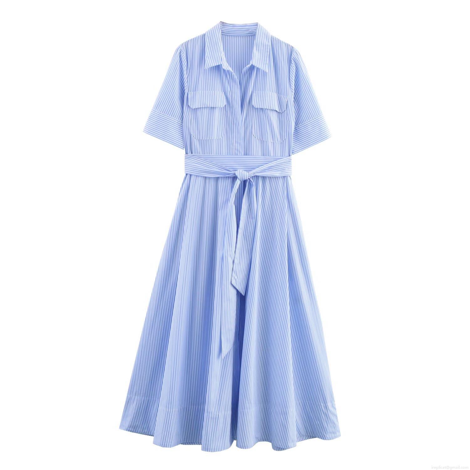 Women's Elegant Blue White Striped Polyester Poplin Shirt Dress Short Sleeve Button Down Midi Dress With Belt Pocket For Daily Casual Office Vacation Women's Elegant Blue White Striped Polyester Poplin Shirt Dress Short Sleeve Button Down Midi Dress With Belt Pocket For Daily Casual Office Vacation