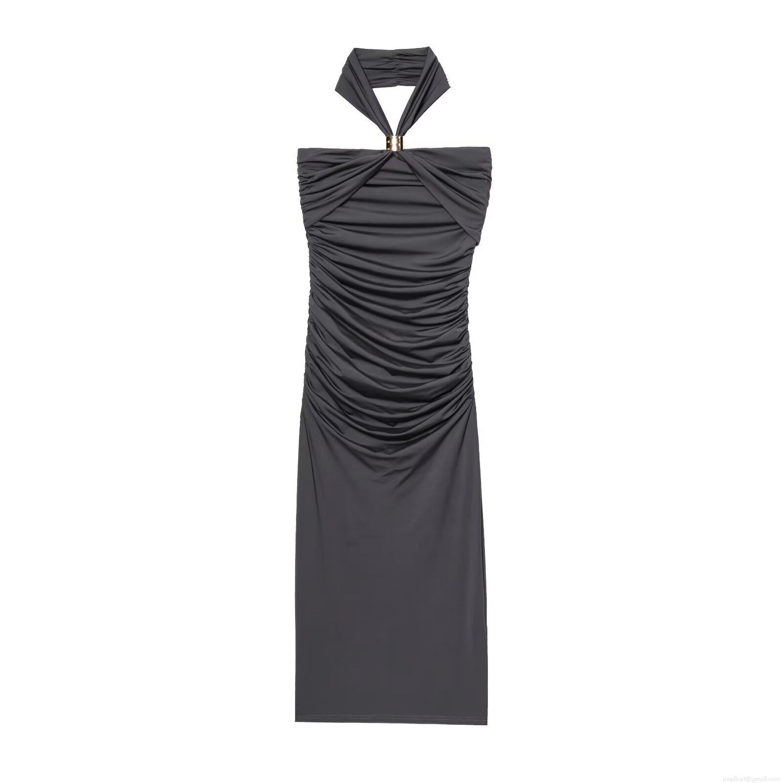 Women's Elegant Ruched Halter Neck Midi Dress With Gold Metal Ring Polyester Sleeveless Slim Fit Party Evening Long Dress For Ladies Women's Elegant Ruched Halter Neck Midi Dress With Gold Metal Ring Polyester Sleeveless Slim Fit Party Evening Long Dress For Ladies