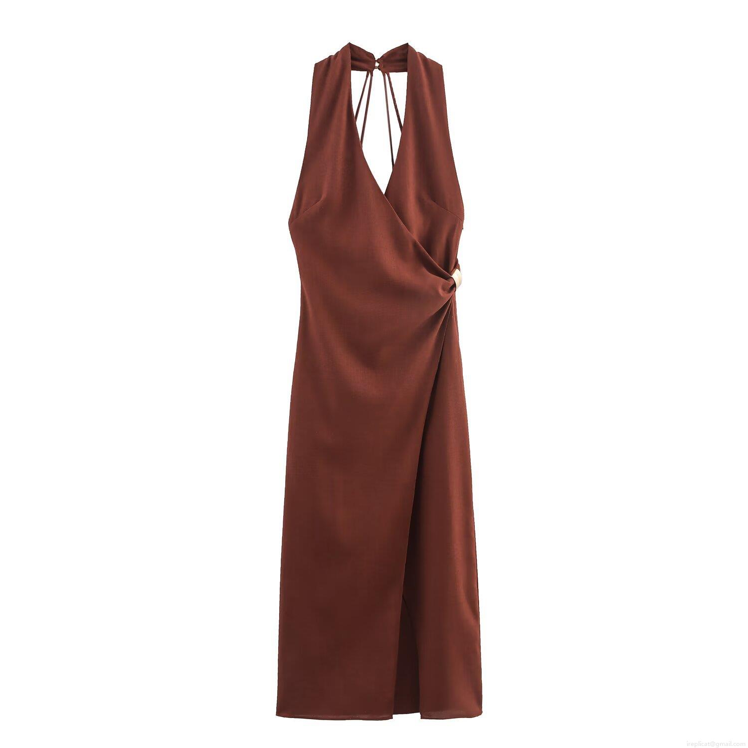Women's Elegant Linen Blend Halter Backless Midi Dress With Gold Metal Ring Detail Sleeveless Solid Brown Party Evening Dress Women's Elegant Linen Blend Halter Backless Midi Dress With Gold Metal Ring Detail Sleeveless Solid Brown Party Evening Dress