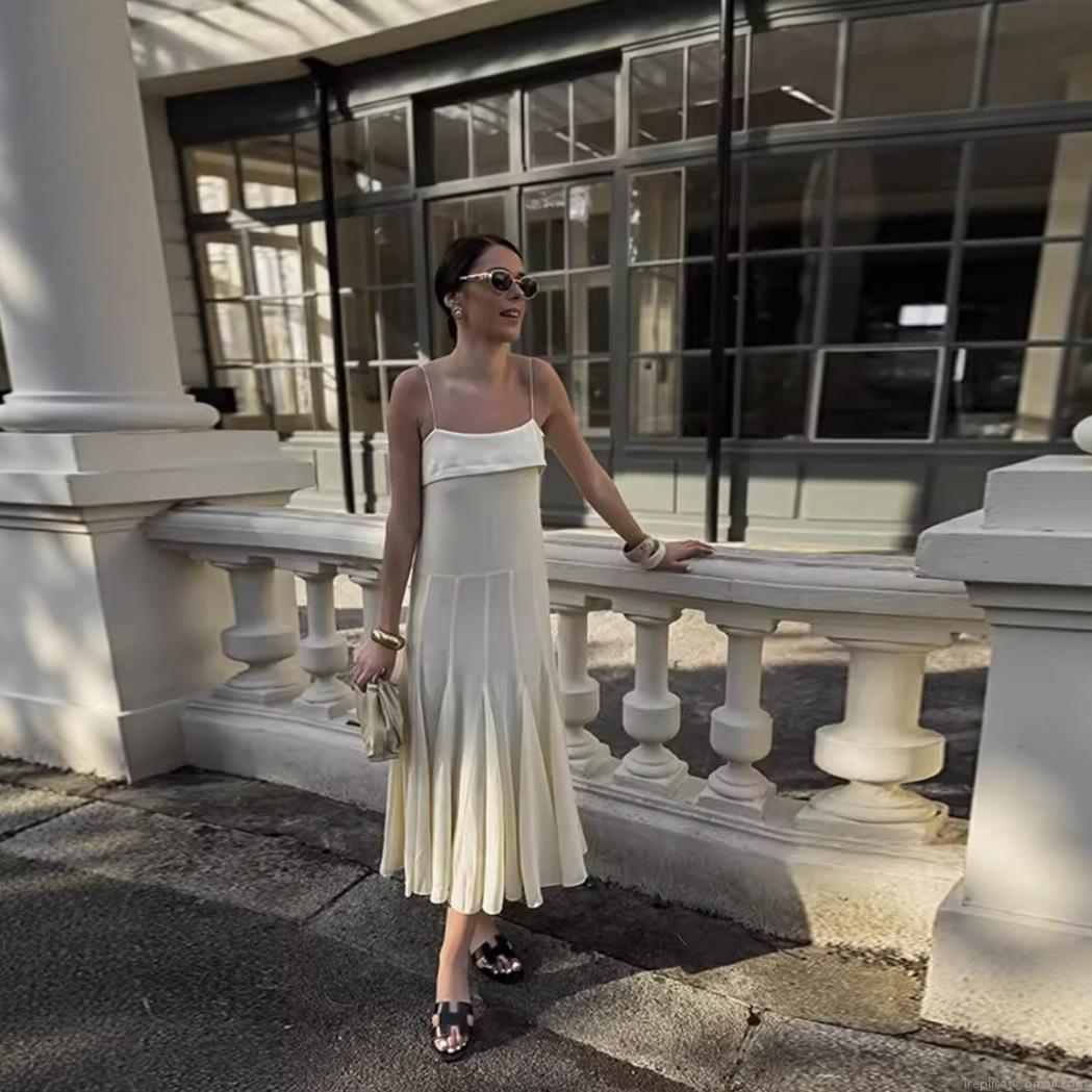 Women Elegant Cream White Cami Dress Pleated Satin Look Long Midi Dress Sleeveless Backless Solid Color Summer Vacation Party Evening Dress For Women Women Elegant Cream White Cami Dress Pleated Satin Look Long Midi Dress Sleeveless Backless Solid Color Summer Vacation Party Evening Dress For Women