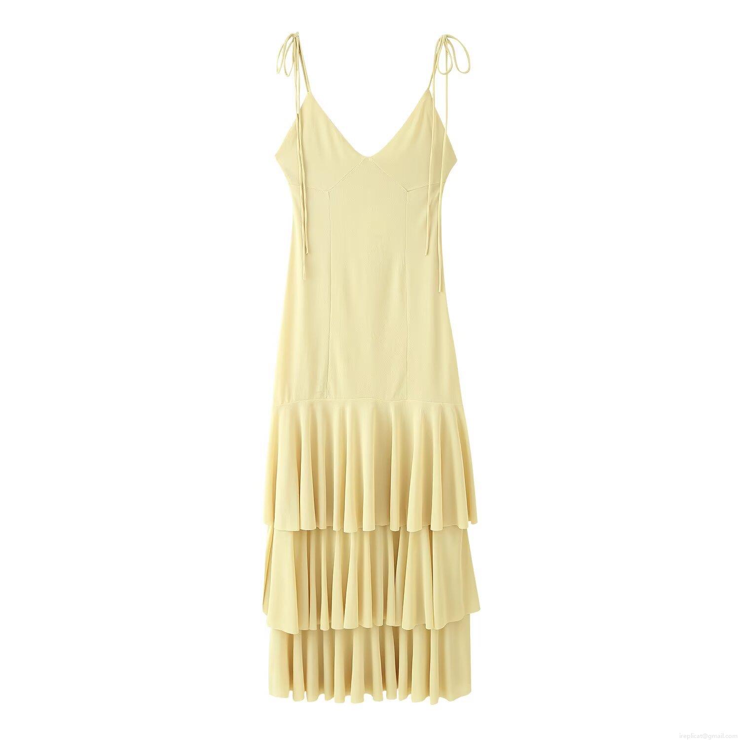 Elegant V-Neck Spaghetti Strap Midi Dress Knitted Polyester Layered Ruffle Cake Skirt For Women Summer Party Evening Vacation Socialite Style Light Yellow Dress Elegant V-Neck Spaghetti Strap Midi Dress Knitted Polyester Layered Ruffle Cake Skirt For Women Summer Party Evening Vacation Socialite Style Light Yellow Dress