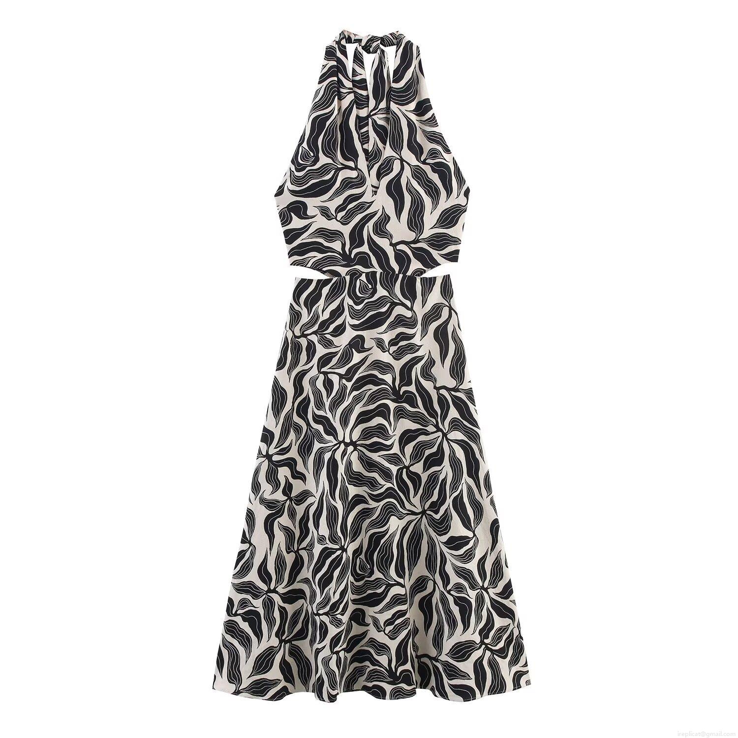 Women's Halter Neck Midi Dress Linen Blend Abstract Leaf Print Cutout Waist Backless Sleeveless Long Dress For Summer Beach Vacation Party Elegant Lady Style
