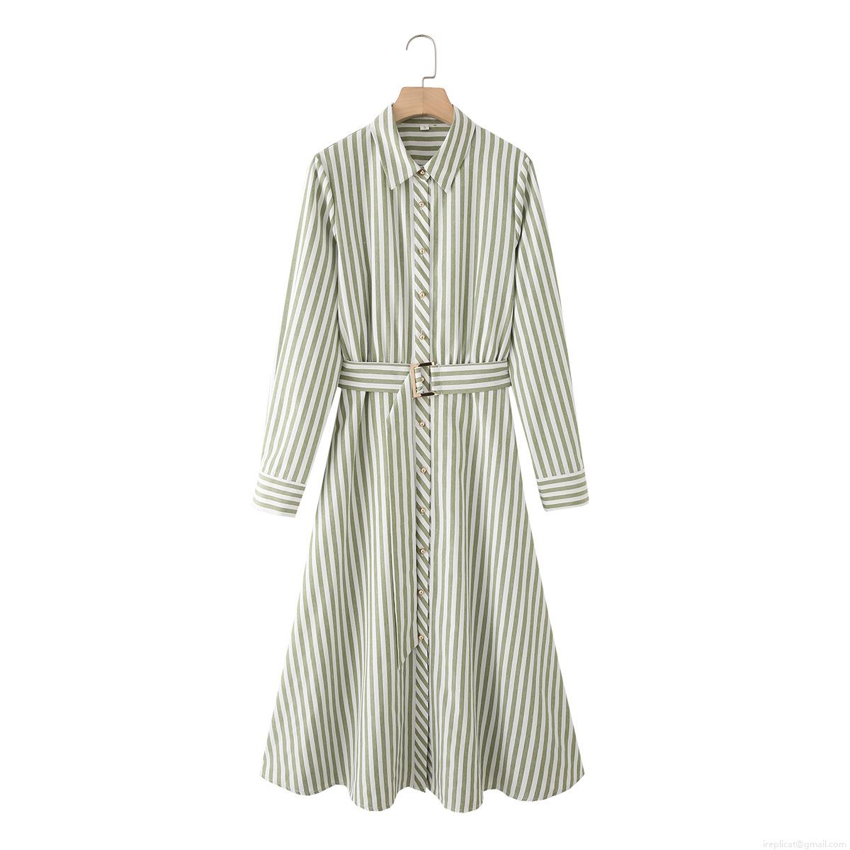 Women Elegant Green And White Vertical Striped Long Sleeve Shirt Dress With Metallic Buckle Belt Midi A-Line Button Down Cotton Dress For Office Lady Women Elegant Green And White Vertical Striped Long Sleeve Shirt Dress With Metallic Buckle Belt Midi A-Line Button Down Cotton Dress For Office Lady