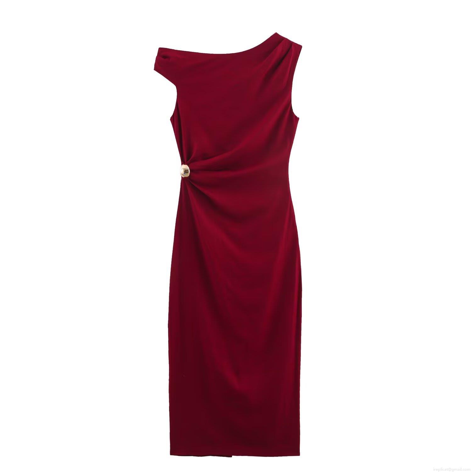 Women's Elegant One Shoulder Linen Blend Midi Dress Pleated Bodycon Party Dress With Metal Buckle Detail Sleeveless Solid Wine Red Evening Dress For Ladies Women's Elegant One Shoulder Linen Blend Midi Dress Pleated Bodycon Party Dress With Metal Buckle Detail Sleeveless Solid Wine Red Evening Dress For Ladies