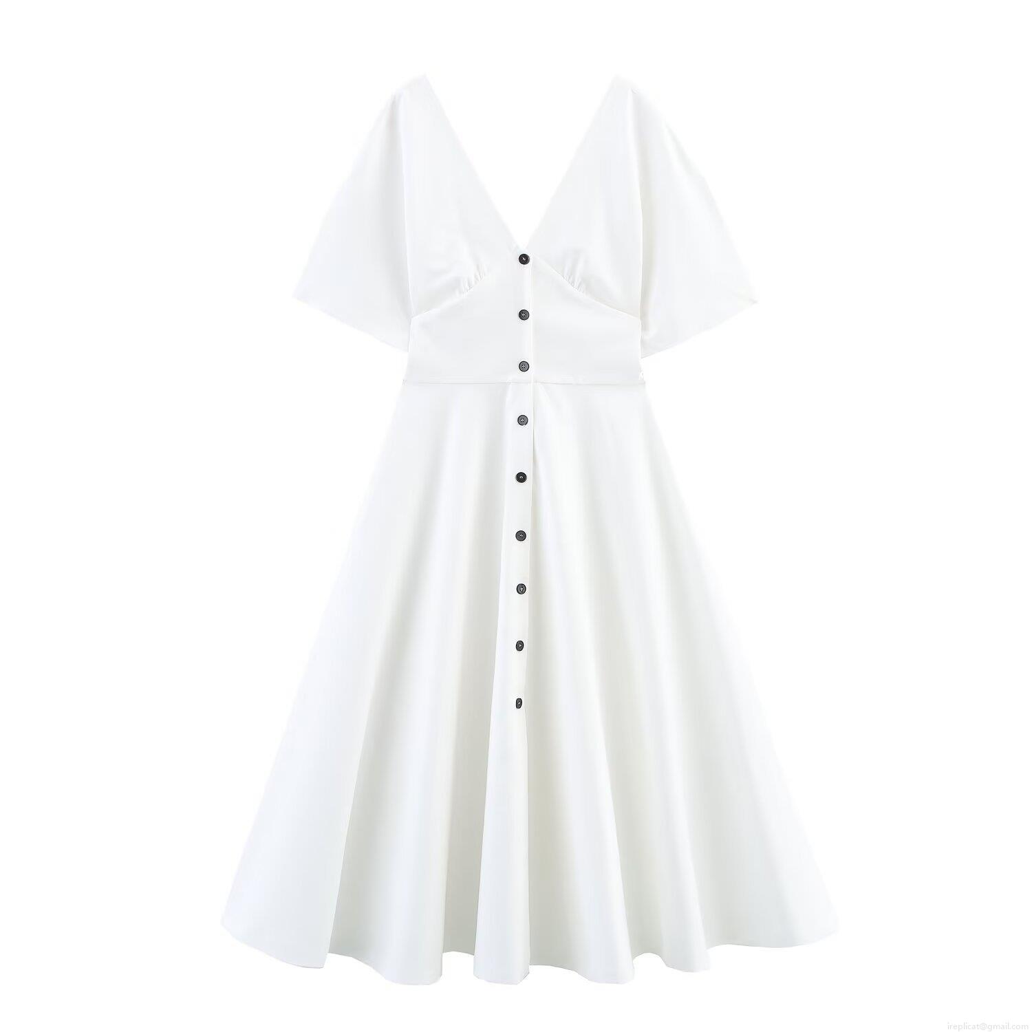 Women's Elegant Midi Dress V-Neck Short Sleeve Button Decoration White Poplin Polyester A-Line Dress For Casual Party Dating Socialite Style Summer Spring Lady Fashion Women's Elegant Midi Dress V-Neck Short Sleeve Button Decoration White Poplin Polyester A-Line Dress For Casual Party Dating Socialite Style Summer Spring Lady Fashion