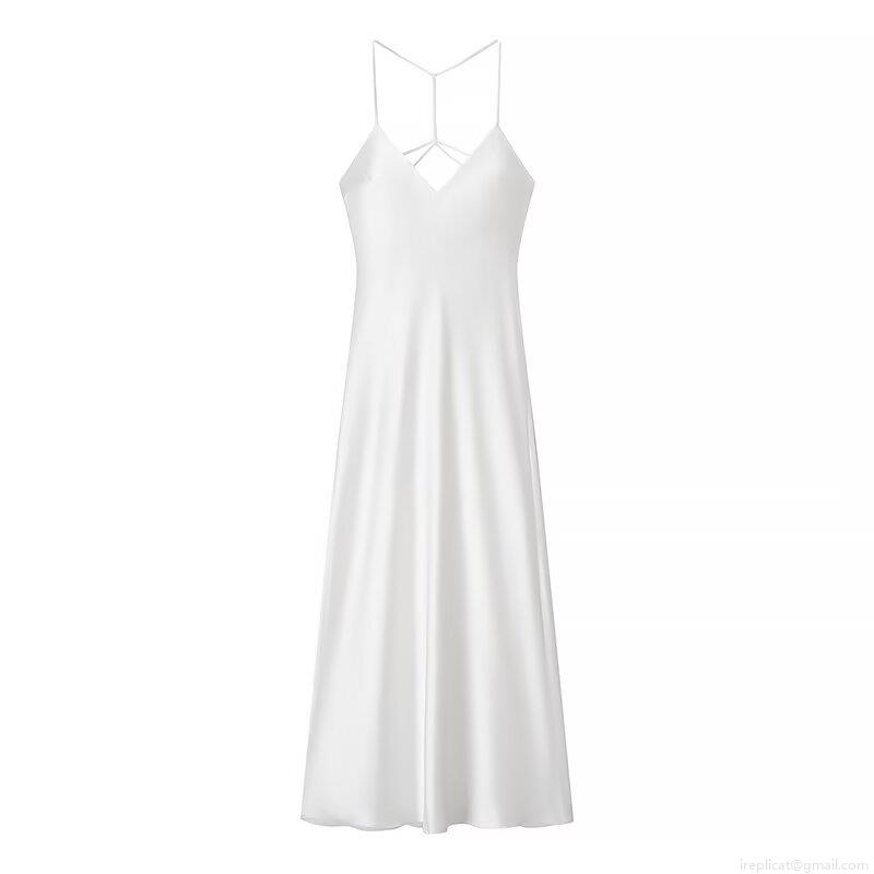 Women's Elegant White Satin Cami Dress Sexy Cross Backless Midi Dress Sleeveless Solid Color Evening Party Slip Dress For Ladies Women's Elegant White Satin Cami Dress Sexy Cross Backless Midi Dress Sleeveless Solid Color Evening Party Slip Dress For Ladies