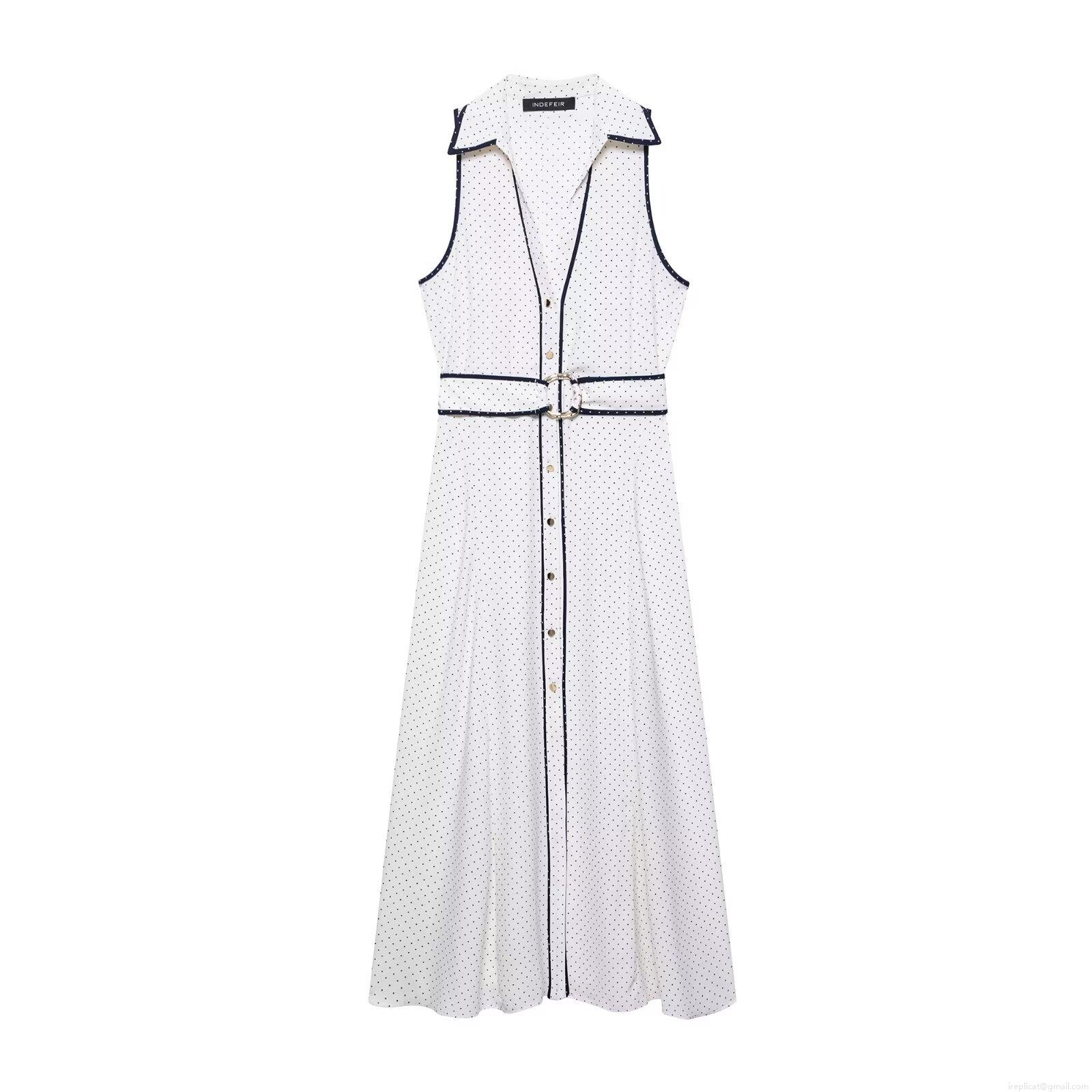 Women's Elegant Sleeveless Polka Dot Midi Dress With Belt V-Neck Button Down A-Line Polyester Dress For Party Dating White Black Women's Elegant Sleeveless Polka Dot Midi Dress With Belt V-Neck Button Down A-Line Polyester Dress For Party Dating White Black