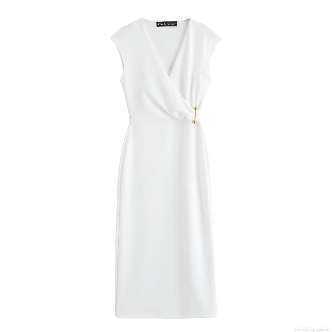Women's Elegant Sleeveless V-Neck Midi Dress With Golden Metallic Pin Decoration Solid Color Slim Fit Ribbed Polyester Summer Party Bodycon Dress Women's Elegant Sleeveless V-Neck Midi Dress With Golden Metallic Pin Decoration Solid Color Slim Fit Ribbed Polyester Summer Party Bodycon Dress