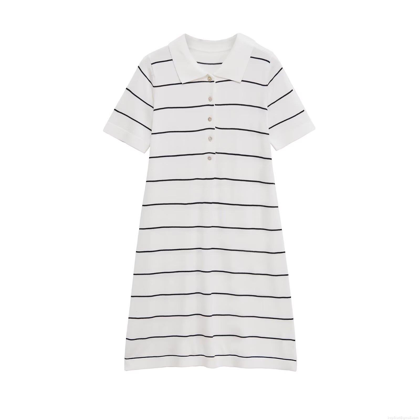 Women's Elegant Short Sleeve Striped Polo Dress Knit Polyester Button Placket Midi Dress For Summer Daily Casual Wear