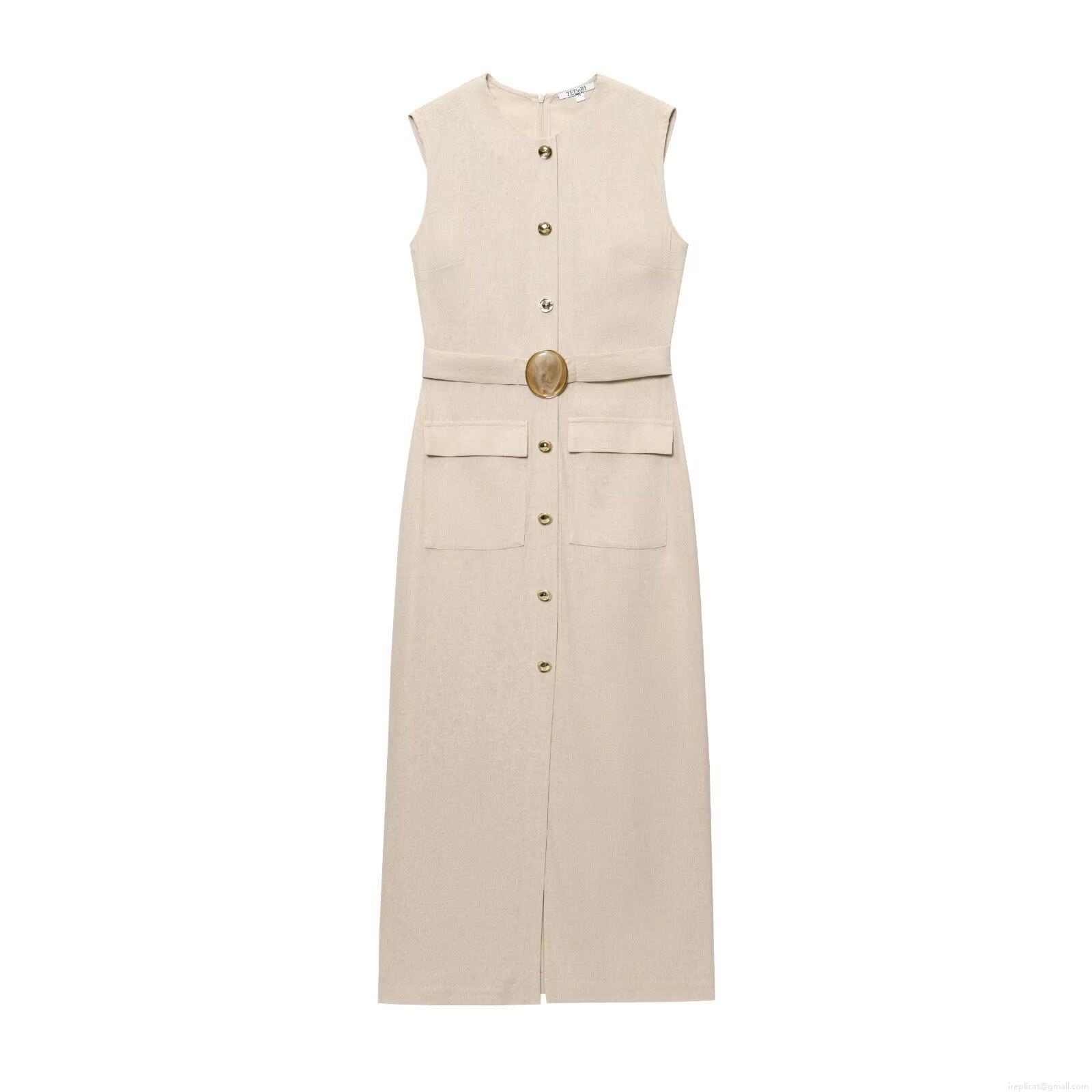 Women's Elegant Linen Cotton Blend Midi Dress Sleeveless Single Breasted Plain Color A-Line Sundress With Belt And Pockets For Summer Vacation Women's Elegant Linen Cotton Blend Midi Dress Sleeveless Single Breasted Plain Color A-Line Sundress With Belt And Pockets For Summer Vacation