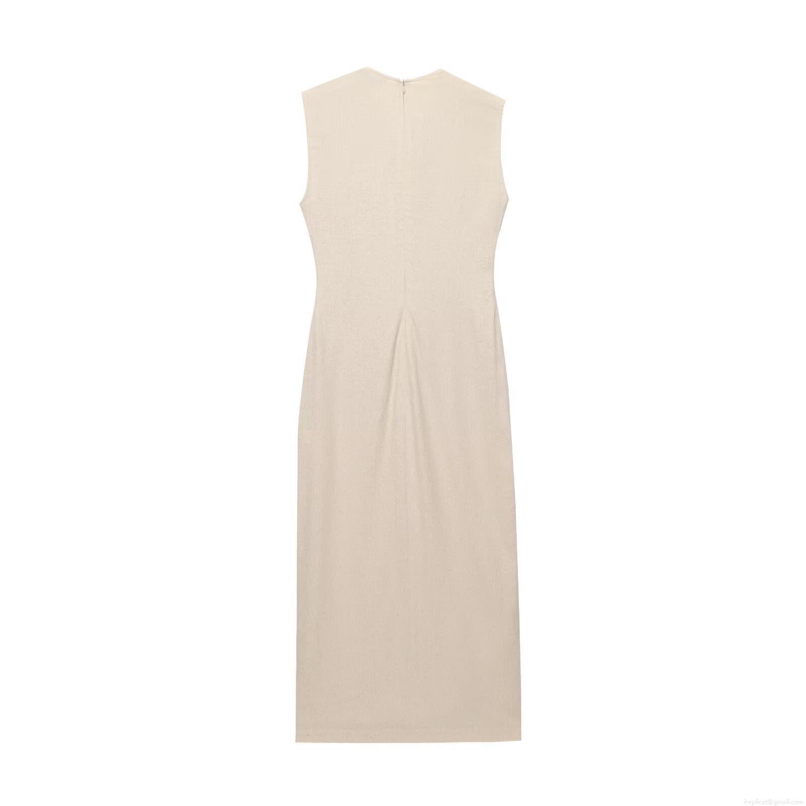 Women\'s Elegant Linen Cotton Blend Midi Dress Sleeveless Single Breasted Plain Color A-Line Sundress With Belt And Pockets For Summer Vacation