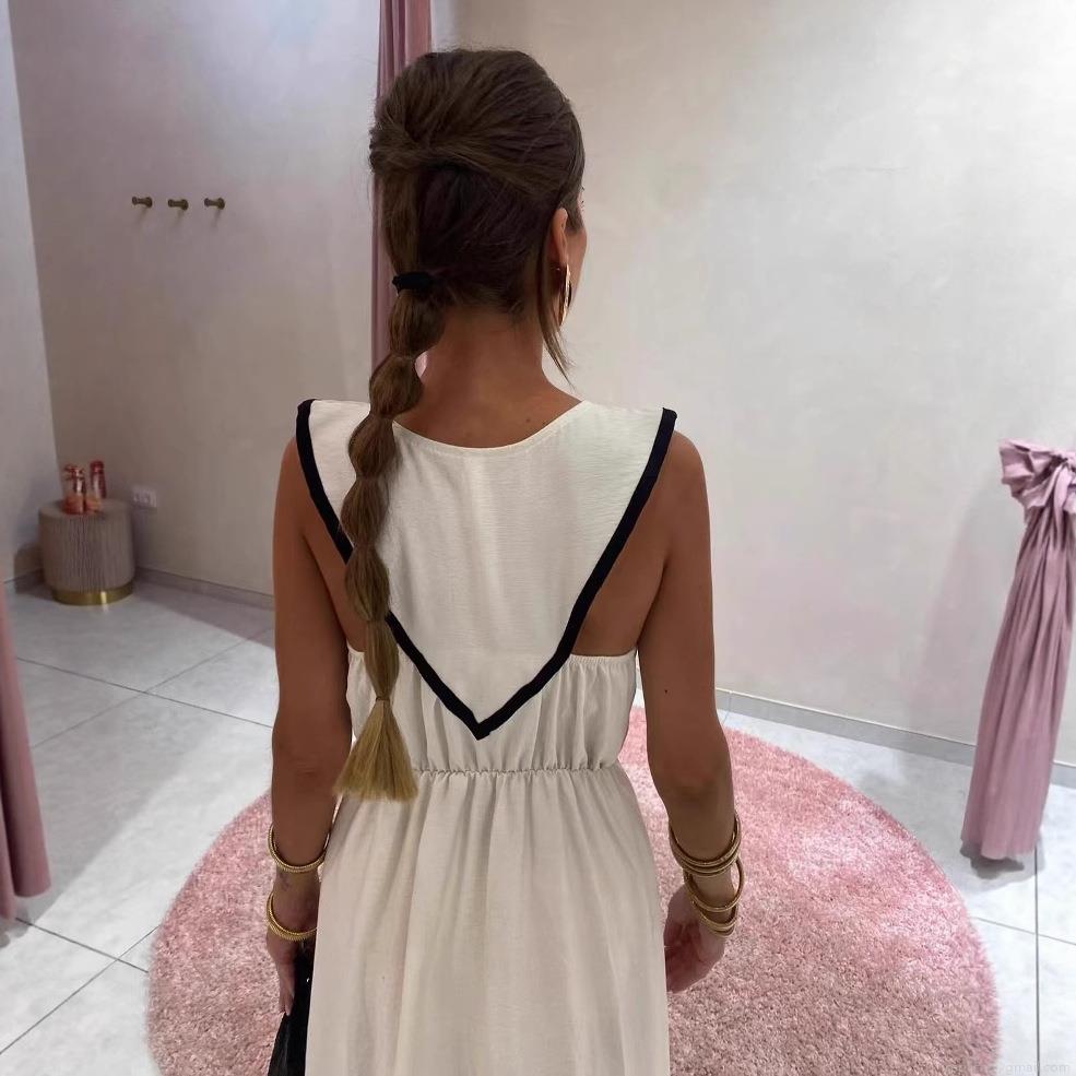 Women's Elegant Sleeveless Midi Dress Contrast Color Black Trim Bodycon Dress V-Back Minimalist High Waist Summer Dress For Casual Party Office Wear Women's Elegant Sleeveless Midi Dress Contrast Color Black Trim Bodycon Dress V-Back Minimalist High Waist Summer Dress For Casual Party Office Wear