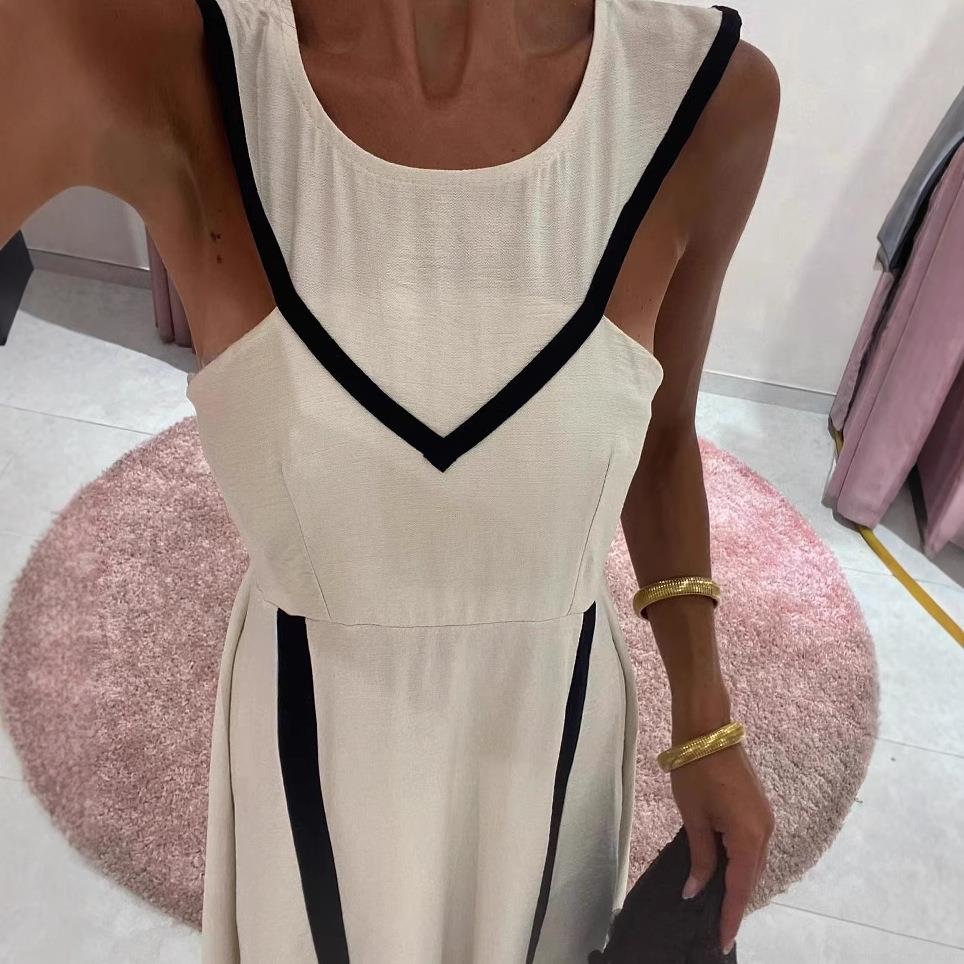 Women\'s Elegant Sleeveless Midi Dress Contrast Color Black Trim Bodycon Dress V-Back Minimalist High Waist Summer Dress For Casual Party Office Wear