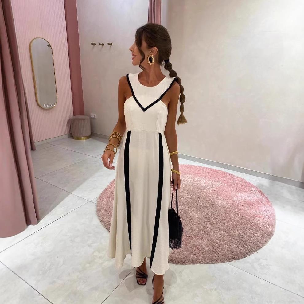Women\'s Elegant Sleeveless Midi Dress Contrast Color Black Trim Bodycon Dress V-Back Minimalist High Waist Summer Dress For Casual Party Office Wear