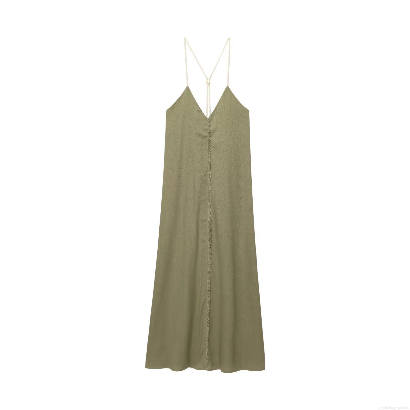 Women's Loose Linen Blend Camisole Midi Dress V-Neck Sleeveless Fringe Detail Olive Green Casual Vacation Summer Long Dress For Women Women's Loose Linen Blend Camisole Midi Dress V-Neck Sleeveless Fringe Detail Olive Green Casual Vacation Summer Long Dress For Women