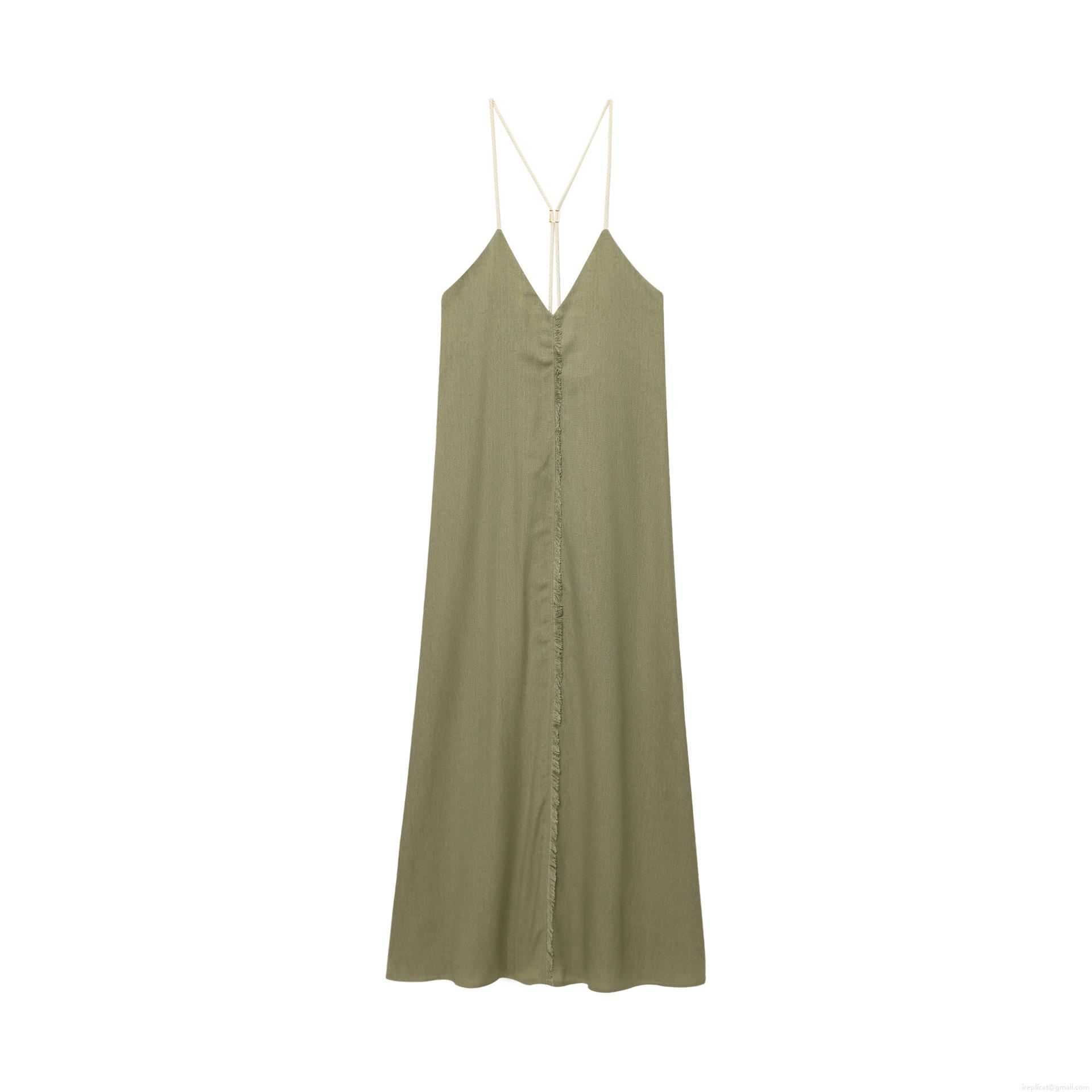 Women\'s Loose Linen Blend Midi Dress V-Neck Sleeveless Cami Long Dress With Tassel Hem Detail For Summer Vacation Beach Elegant Olive Green Sun Dress Women\'s Loose Linen Blend Midi Dress V-Neck Sleeveless Cami Long Dress With Tassel Hem Detail For Summer Vacation Beach Elegant Olive Green Sun Dress