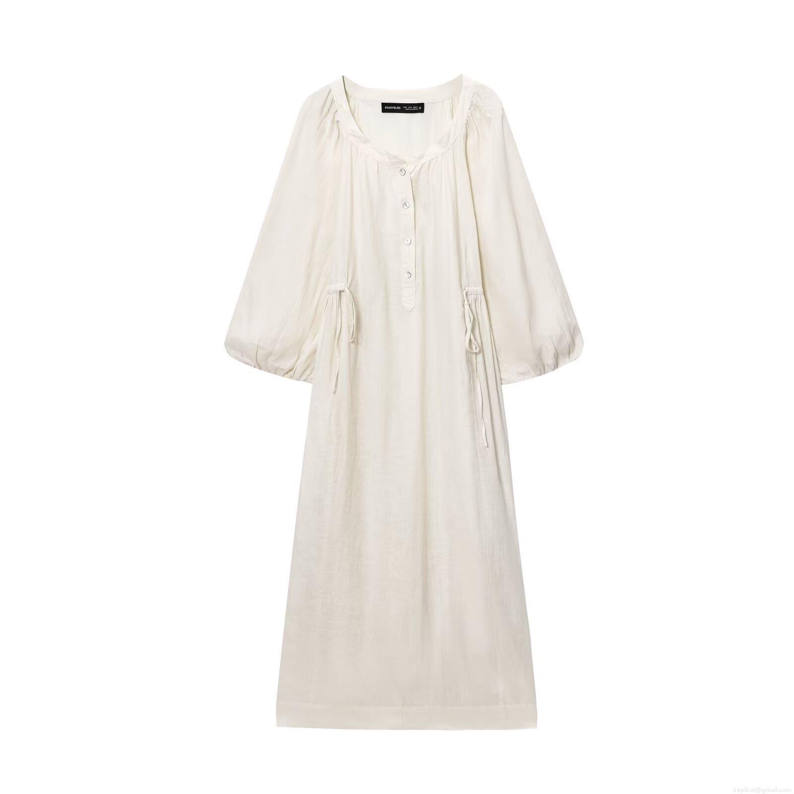 Women Elegant Cotton Linen Blend Midi Dress Long Sleeve Round Neck Button Down Drawstring Waist Solid Color Casual Fashion Dress for Ladies Women Elegant Cotton Linen Blend Midi Dress Long Sleeve Round Neck Button Down Drawstring Waist Solid Color Casual Fashion Dress for Ladies