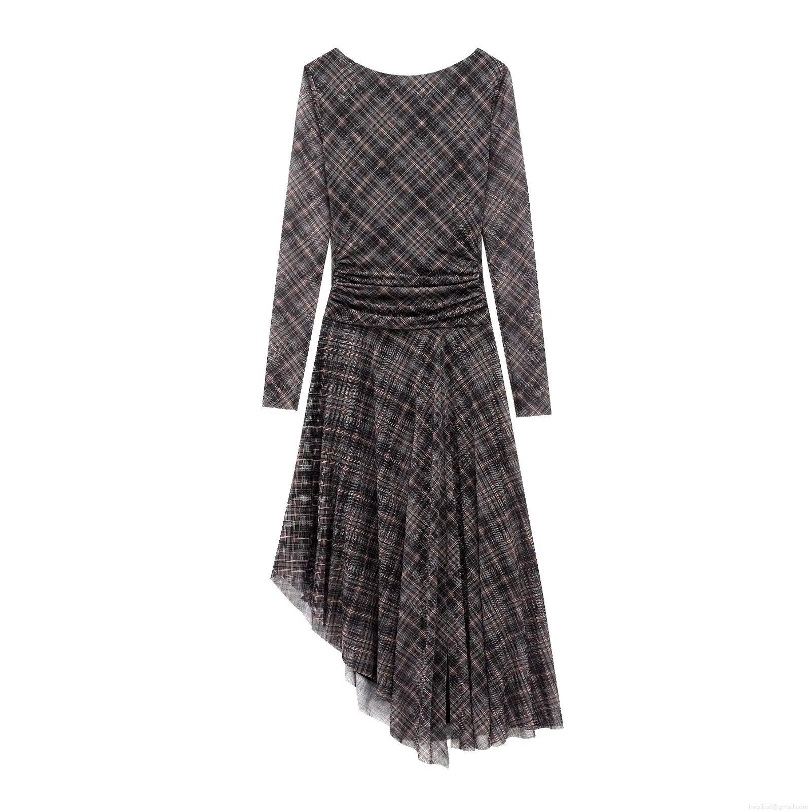 Women\'s Elegant Plaid Mesh Long Sleeve Dress Backless V-Neck Tie Ruched Pleated Irregular Hem Party Evening Sexy Midi Maxi Dress