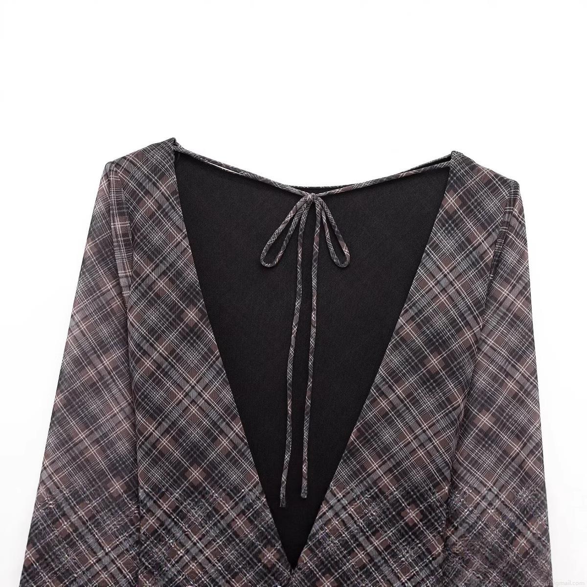 Women\'s Elegant Plaid Mesh Long Sleeve Dress Backless V-Neck Tie Ruched Pleated Irregular Hem Party Evening Sexy Midi Maxi Dress