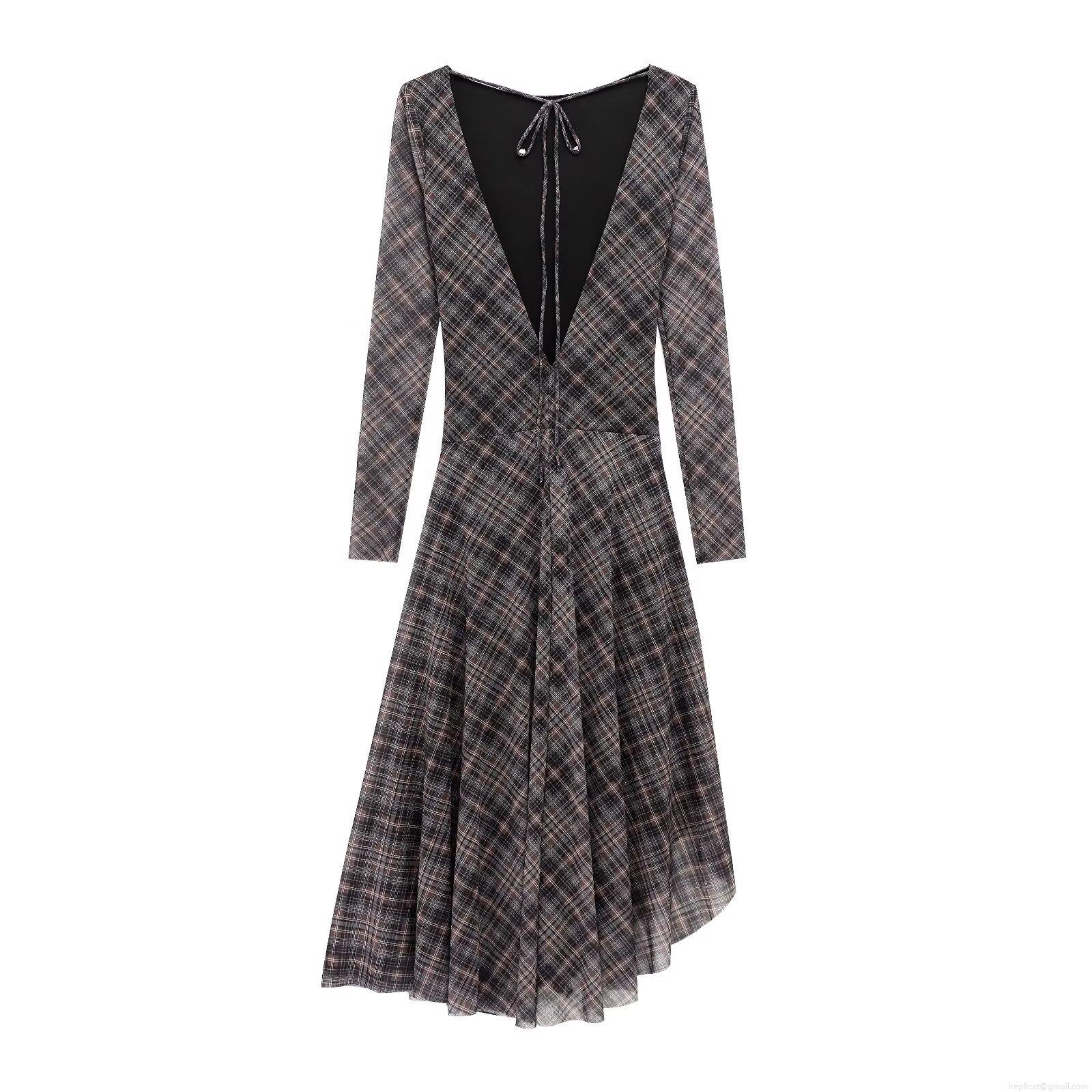 Women\'s Elegant Plaid Mesh Long Sleeve Dress Backless V-Neck Tie Ruched Pleated Irregular Hem Party Evening Sexy Midi Maxi Dress