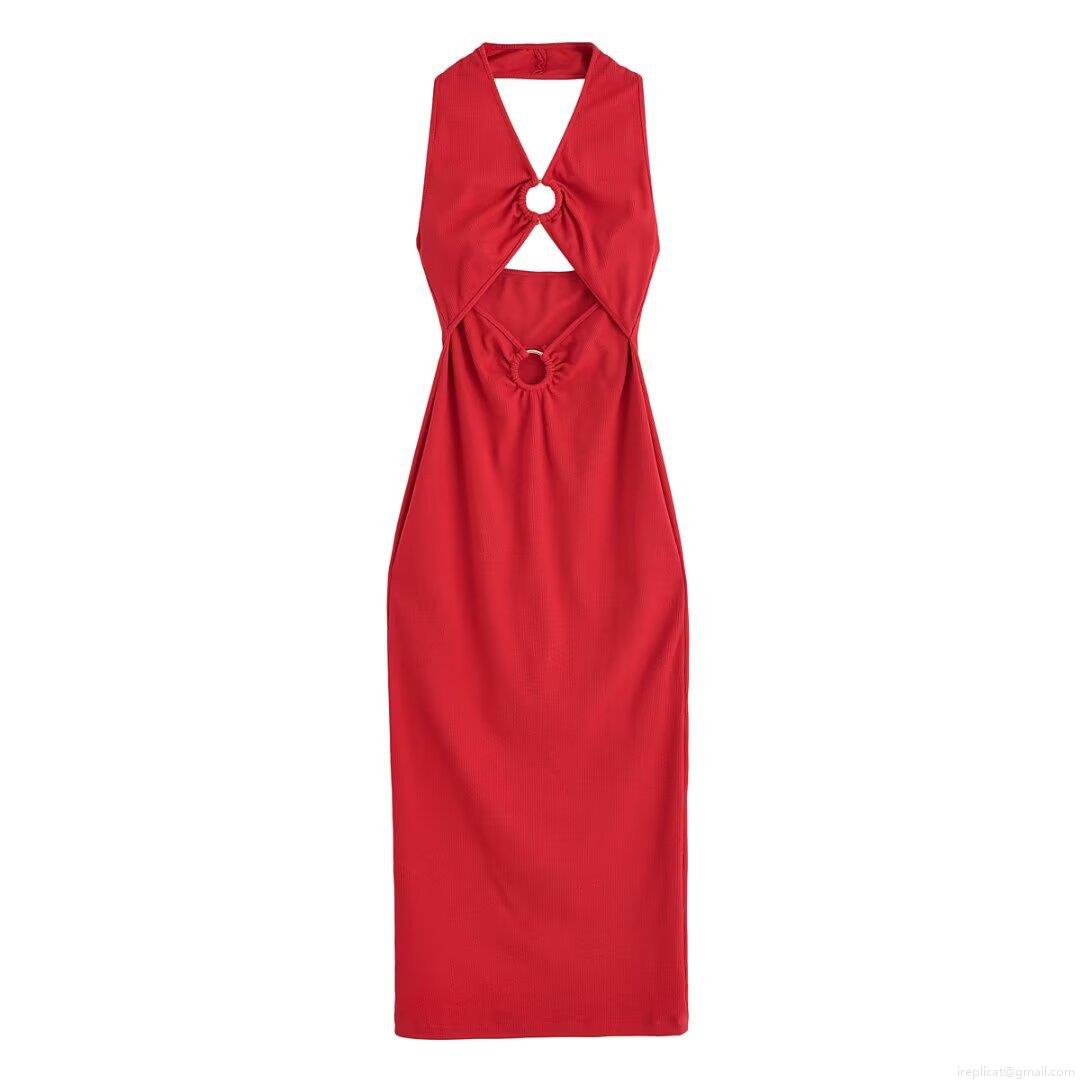 Women's Sexy Red Halter Neck Bodycon Midi Dress Elegant Ribbed Knit Cutout Dress With Metal Ring Decoration Party Clubwear For Ladies Women's Sexy Red Halter Neck Bodycon Midi Dress Elegant Ribbed Knit Cutout Dress With Metal Ring Decoration Party Clubwear For Ladies