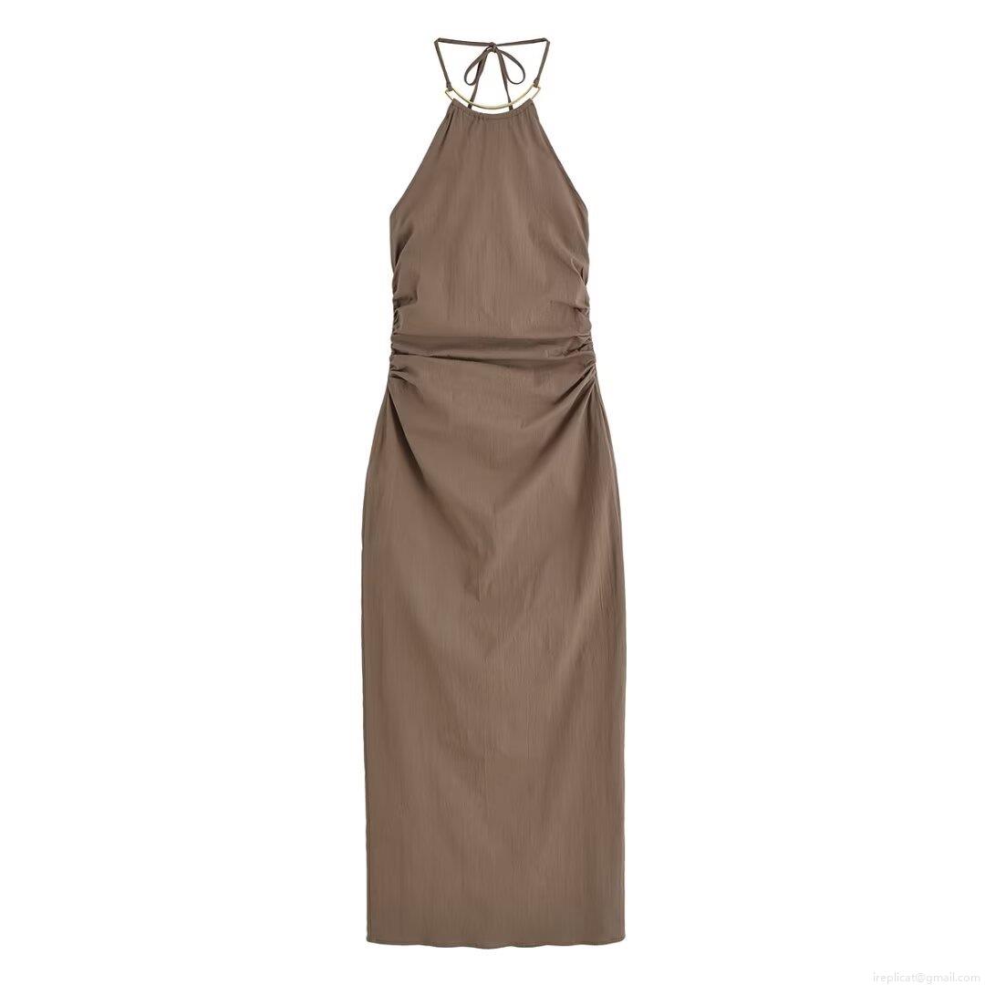 Elegant Women's Halterneck Midi Dress Sexy Backless Ruched Bodycon Party Dress With Metal Ring Decoration Sleeveless Brown Summer Long Dress Elegant Women's Halterneck Midi Dress Sexy Backless Ruched Bodycon Party Dress With Metal Ring Decoration Sleeveless Brown Summer Long Dress