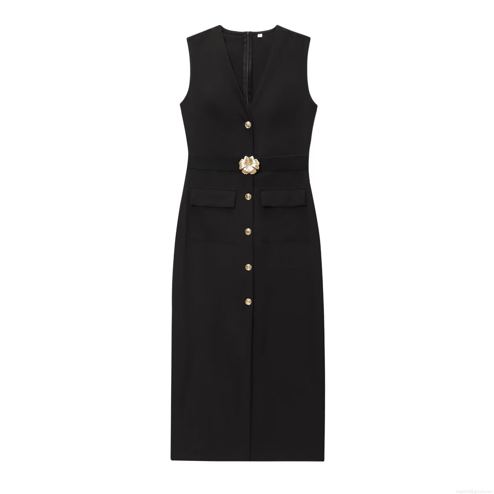 Elegant Women V-Neck Sleeveless Polyester Bodycon Dress With Gold Lion Head Buttons And Flower Belt Sexy Back Split Midi Dress For Evening Party Date Elegant Women V-Neck Sleeveless Polyester Bodycon Dress With Gold Lion Head Buttons And Flower Belt Sexy Back Split Midi Dress For Evening Party Date