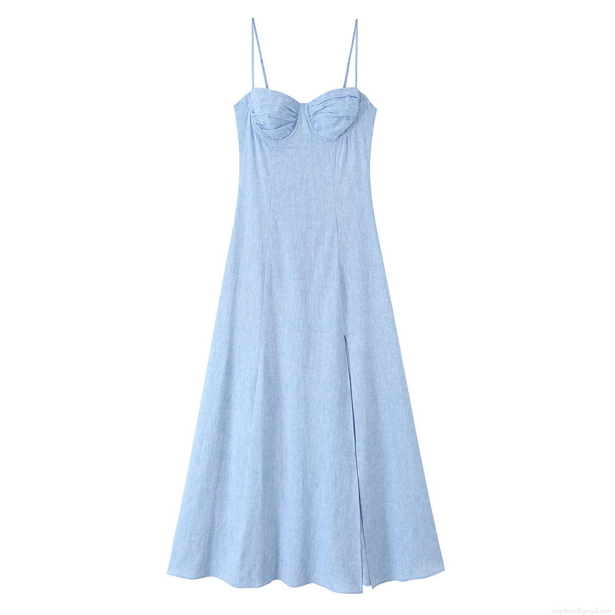 Women's Elegant Linen Blend Bustier Midi Dress With Fishbone Boning Ruched Bust Slit Hem Sky Blue Sexy Bodycon Sling Dress For Summer Party Date Night Vacation Socialite Lady Women's Elegant Linen Blend Bustier Midi Dress With Fishbone Boning Ruched Bust Slit Hem Sky Blue Sexy Bodycon Sling Dress For Summer Party Date Night Vacation Socialite Lady