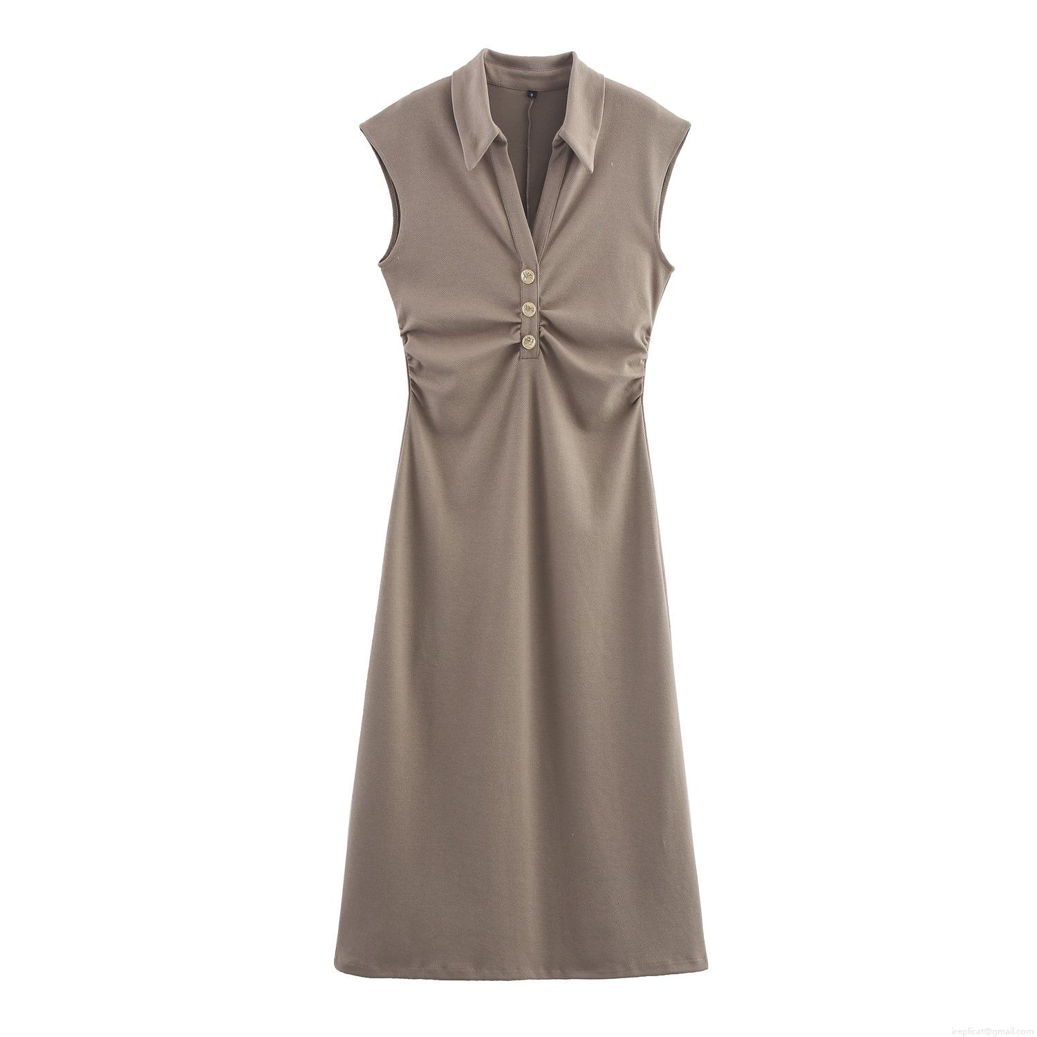 Women's Sleeveless Polo Collar Midi Dress Cotton Blend Knit Fabric With Gold Buttons And Pleated Waist For Elegant Office Wear Women's Sleeveless Polo Collar Midi Dress Cotton Blend Knit Fabric With Gold Buttons And Pleated Waist For Elegant Office Wear