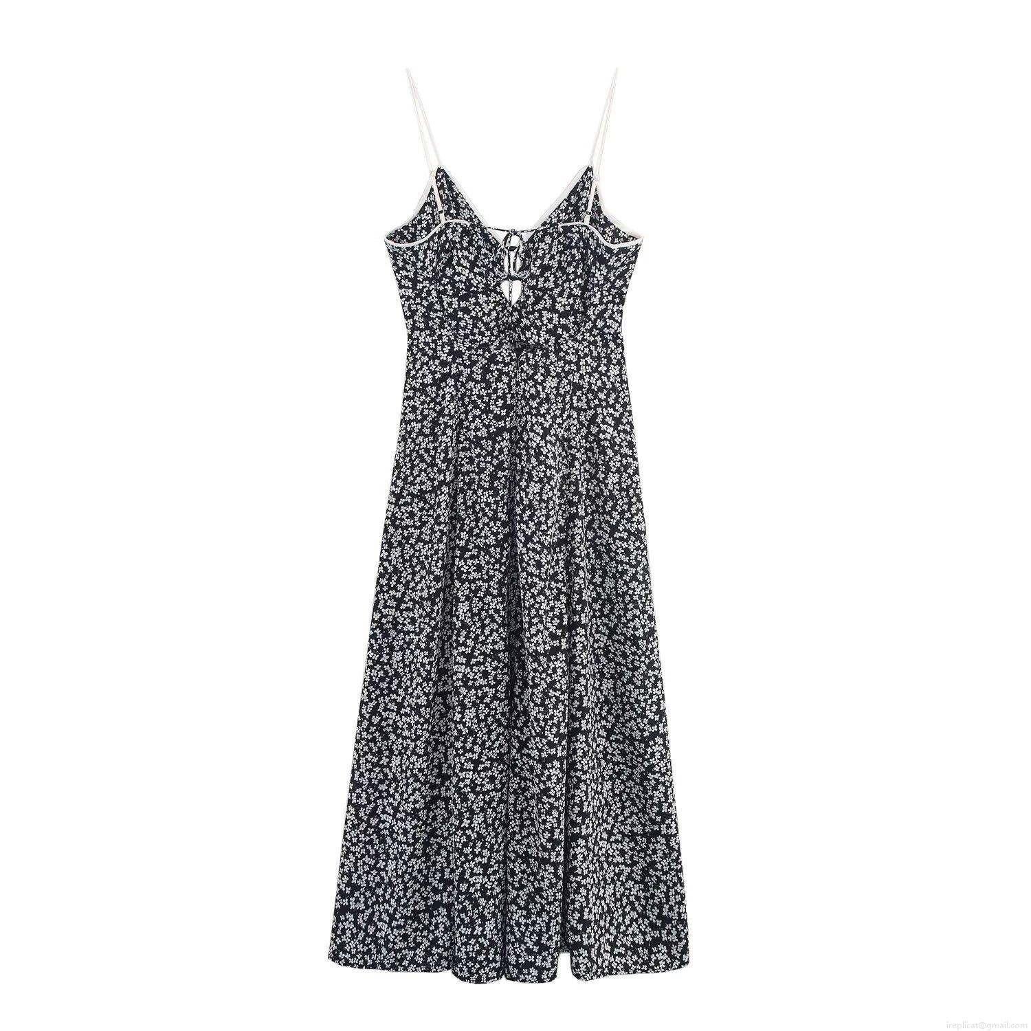 Women Sexy V Neck Floral Print Spaghetti Strap Midi Dress Elegant Backless Tie Front Polyester Long Dress For Summer Party Vacation Women Sexy V Neck Floral Print Spaghetti Strap Midi Dress Elegant Backless Tie Front Polyester Long Dress For Summer Party Vacation
