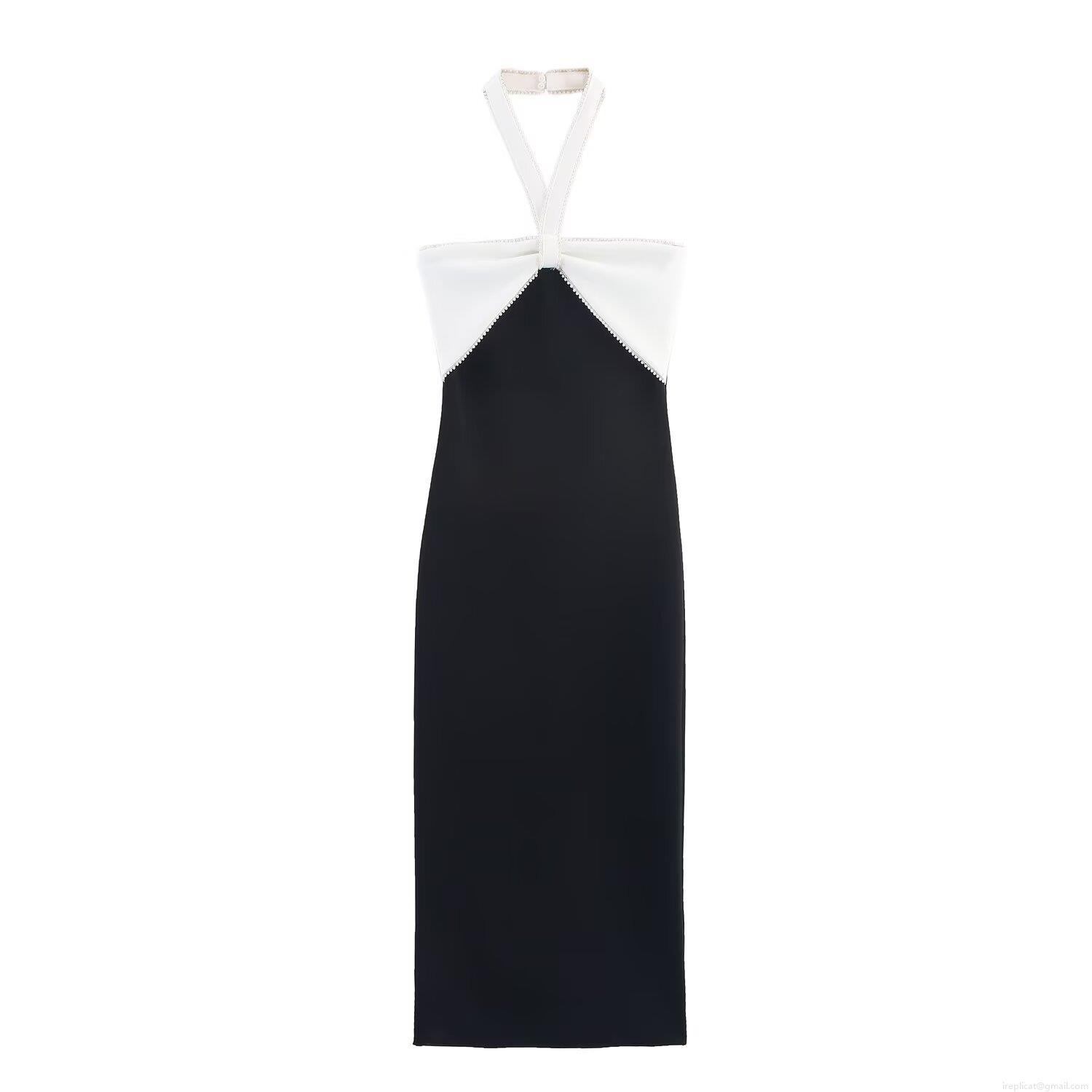 Women's Halter Neck Bow Tie Bodycon Midi Dress Polyester Black White Color Block Pearl Trim Elegant Evening Party Wedding Guest Dress Women's Halter Neck Bow Tie Bodycon Midi Dress Polyester Black White Color Block Pearl Trim Elegant Evening Party Wedding Guest Dress
