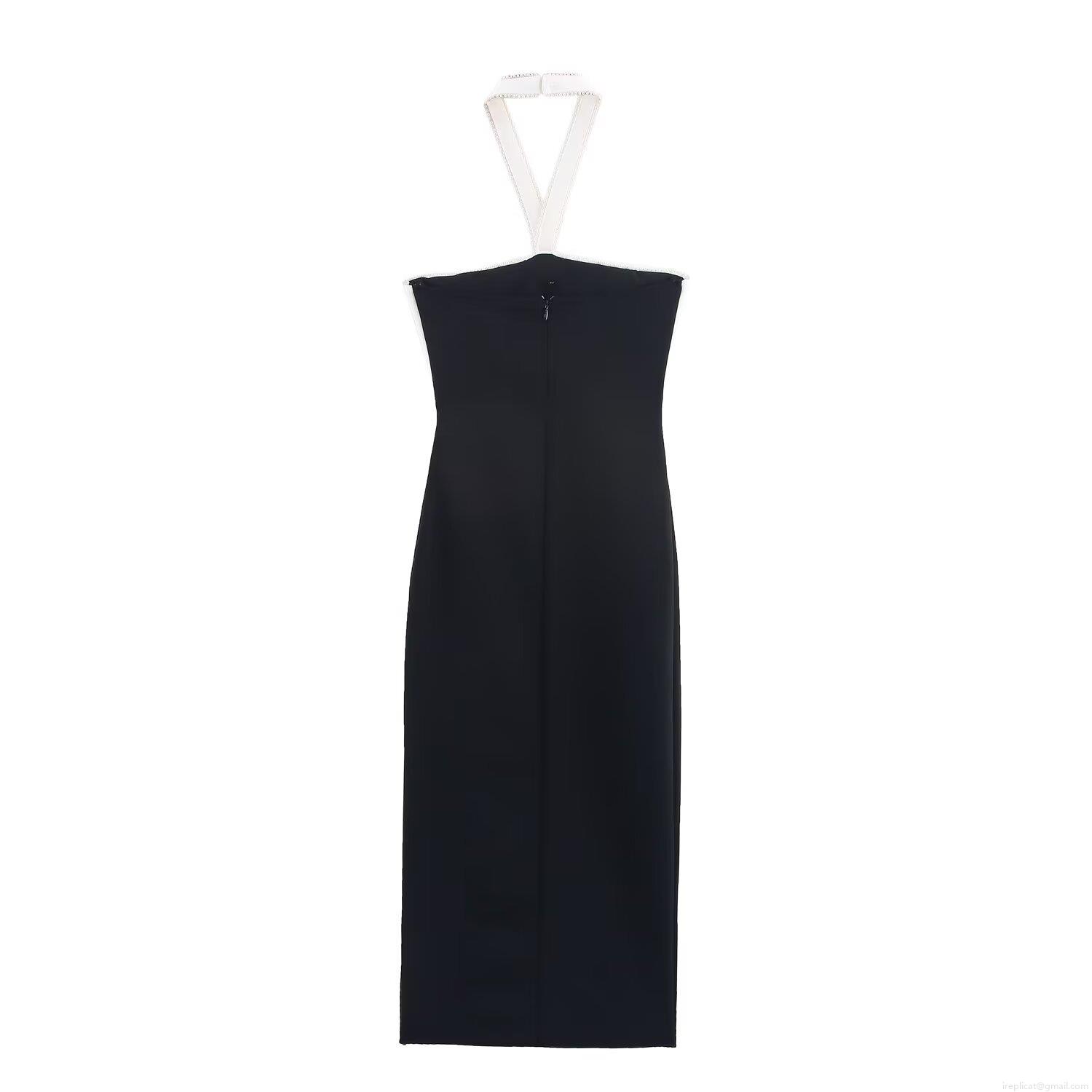 Women\'s Halter Neck Bow Tie Bodycon Midi Dress Polyester Black White Color Block Pearl Trim Elegant Evening Party Wedding Guest Dress