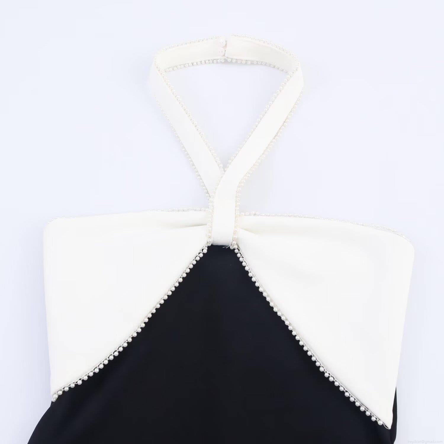 Women\'s Halter Neck Bow Tie Bodycon Midi Dress Polyester Black White Color Block Pearl Trim Elegant Evening Party Wedding Guest Dress