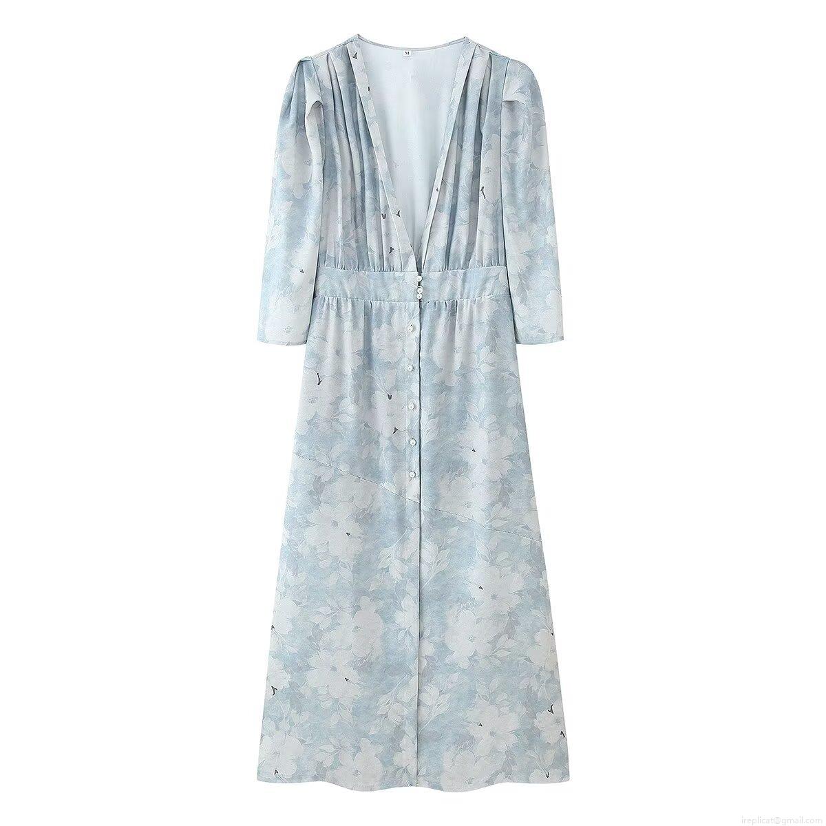Women's Elegant Floral Print V-Neck Long Sleeve Dress Light Blue Polyester Midi Dress With Pearl Buttons Waist Ruffle Trim For Spring Summer Vacation Party Ladies Clothing Women's Elegant Floral Print V-Neck Long Sleeve Dress Light Blue Polyester Midi Dress With Pearl Buttons Waist Ruffle Trim For Spring Summer Vacation Party Ladies Clothing