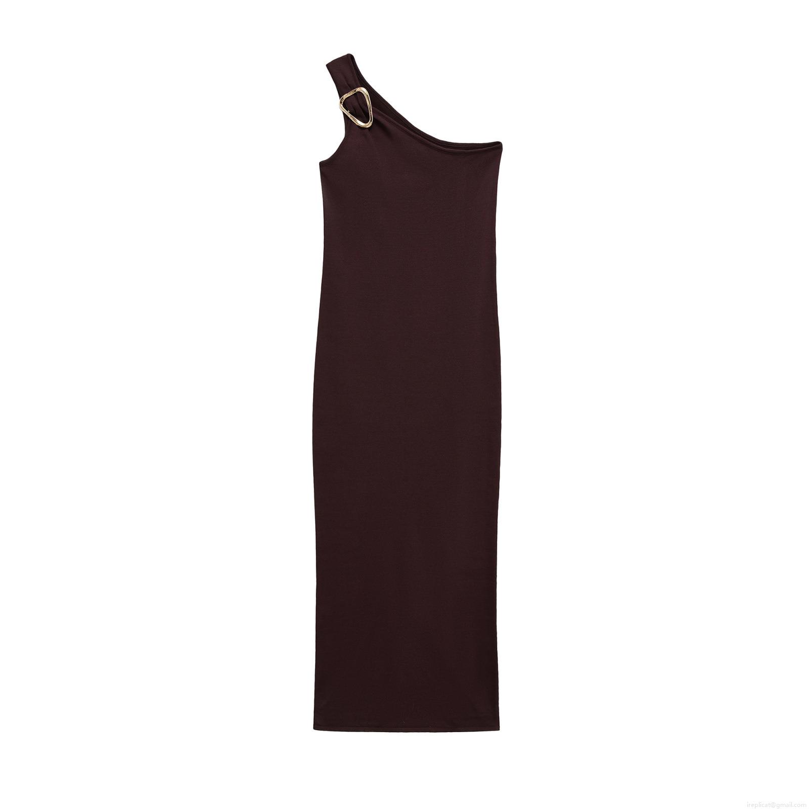 Women Elegant One Shoulder Knit Midi Dress Slim Fit Sleeveless Solid Color Party Long Dress With Metal Buckle Decoration For Daily Date Night Celebrity Women Elegant One Shoulder Knit Midi Dress Slim Fit Sleeveless Solid Color Party Long Dress With Metal Buckle Decoration For Daily Date Night Celebrity