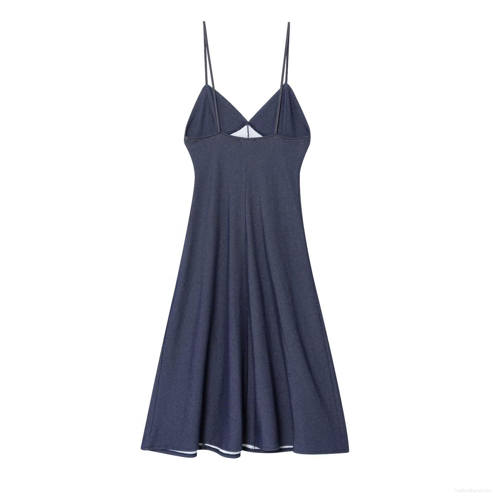 Women\'s Elegant V-Neck Spaghetti Strap Midi Dress Casual Denim-Look Polyester Fabric Contrast Stitching A-Line Slim Fit Summer Holiday Party Dress
